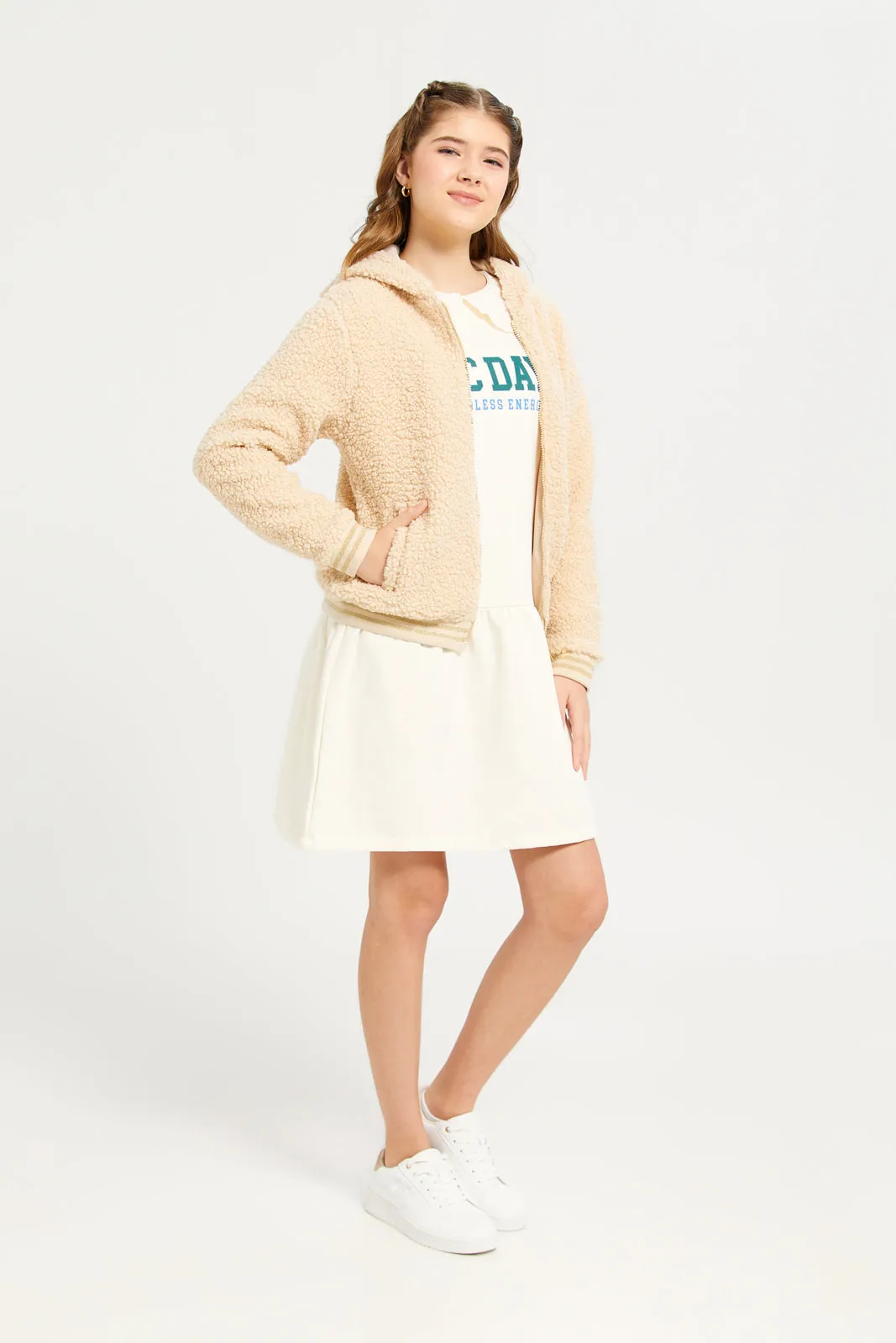 Senior Girls Beige Sherpa Hooded Baseball Jacket