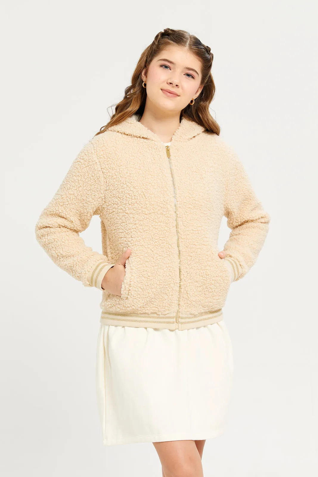 Senior Girls Beige Sherpa Hooded Baseball Jacket