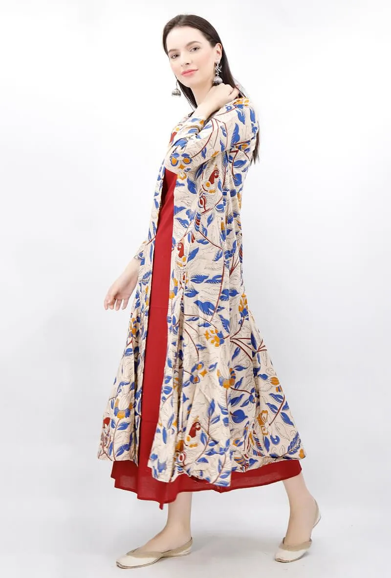 Set of 2 - Beige Kalamkari Cape with Maroon Maxi Dress