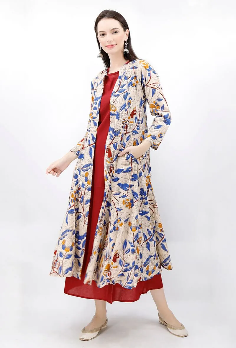 Set of 2 - Beige Kalamkari Cape with Maroon Maxi Dress