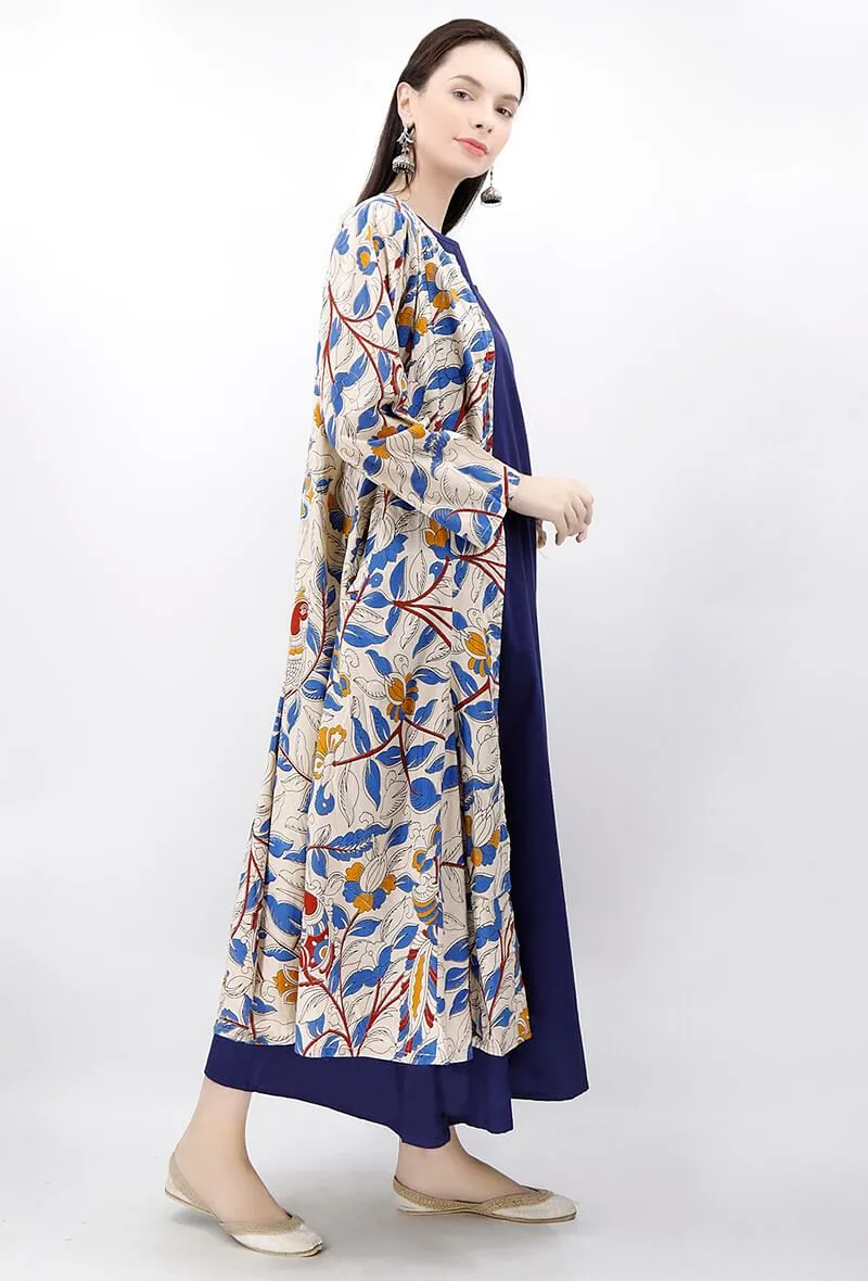 Set of 2 - Kalamkari Cape with Maxi Dress in Blue & Beige