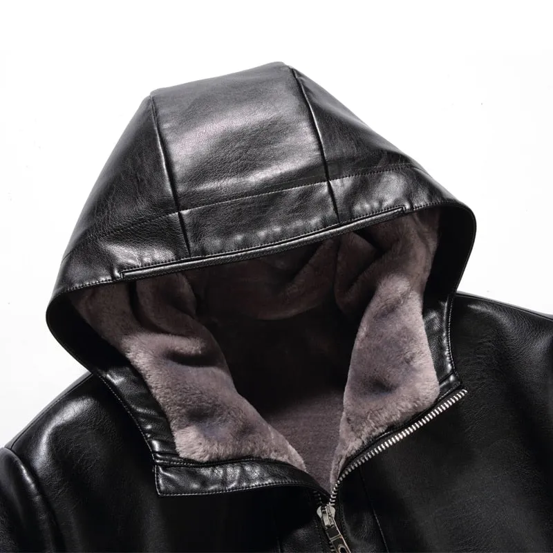 Sewn Mens Fur Lined 3/4 Length Hooded Leather Coat