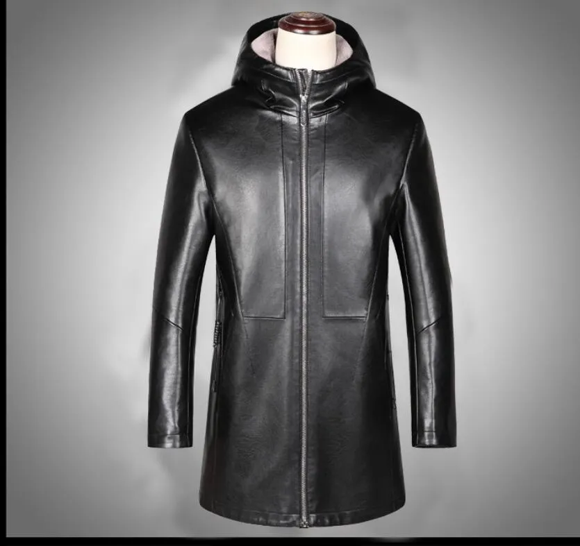 Sewn Mens Fur Lined 3/4 Length Hooded Leather Coat