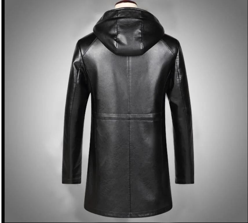 Sewn Mens Fur Lined 3/4 Length Hooded Leather Coat