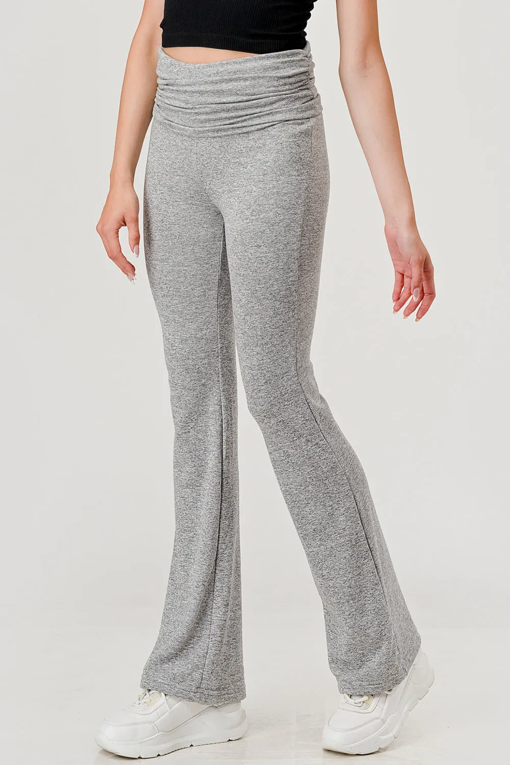 Soft Fleece Lined Fold Over Ruched Waist Flare Pants - Light Heather Gray