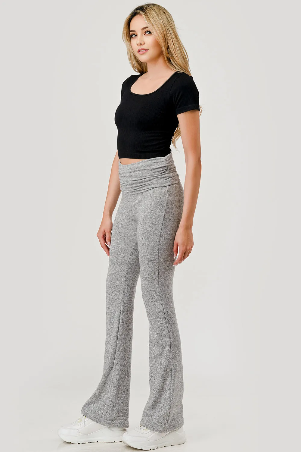 Soft Fleece Lined Fold Over Ruched Waist Flare Pants - Light Heather Gray