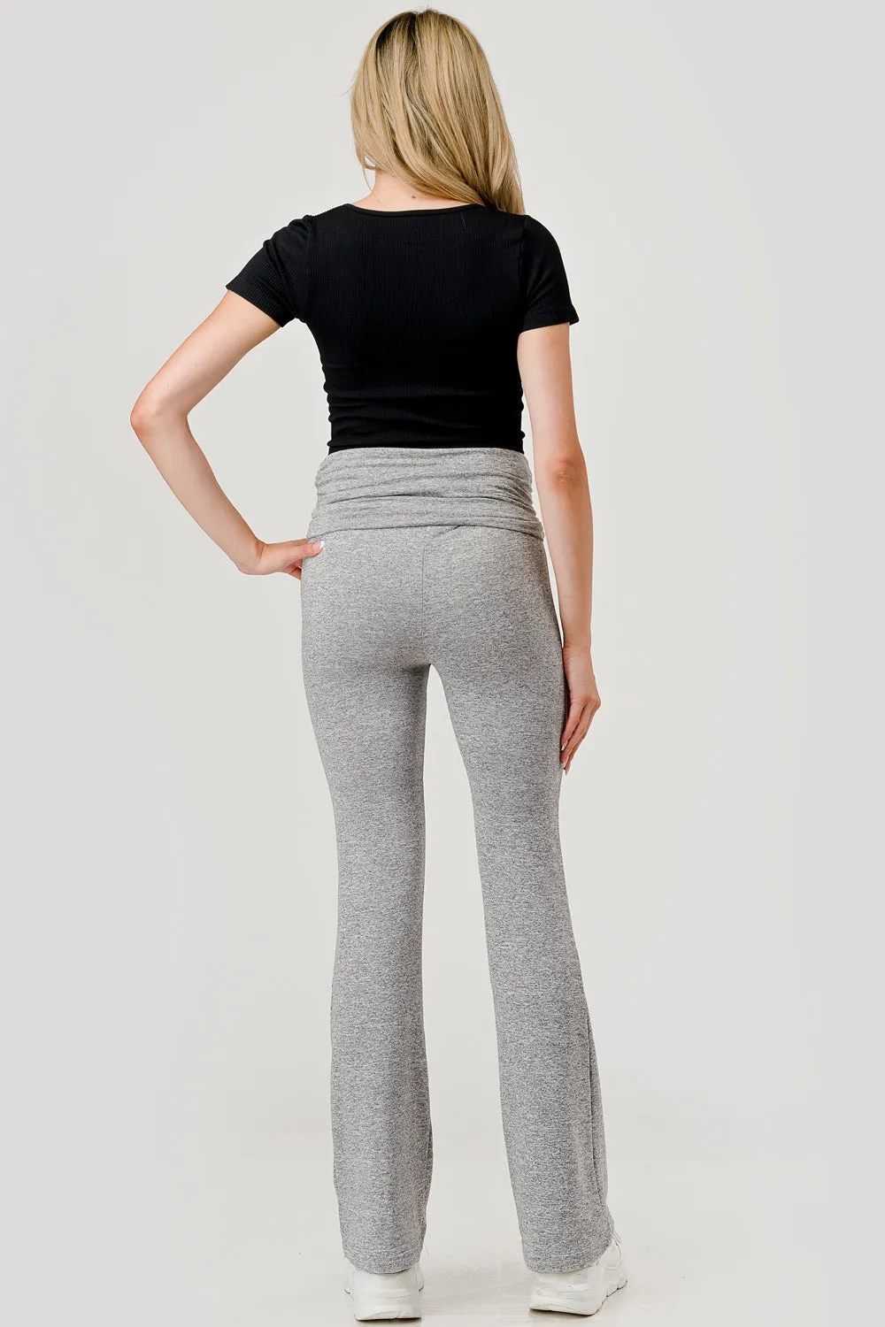 Soft Fleece Lined Fold Over Ruched Waist Flare Pants - Light Heather Gray