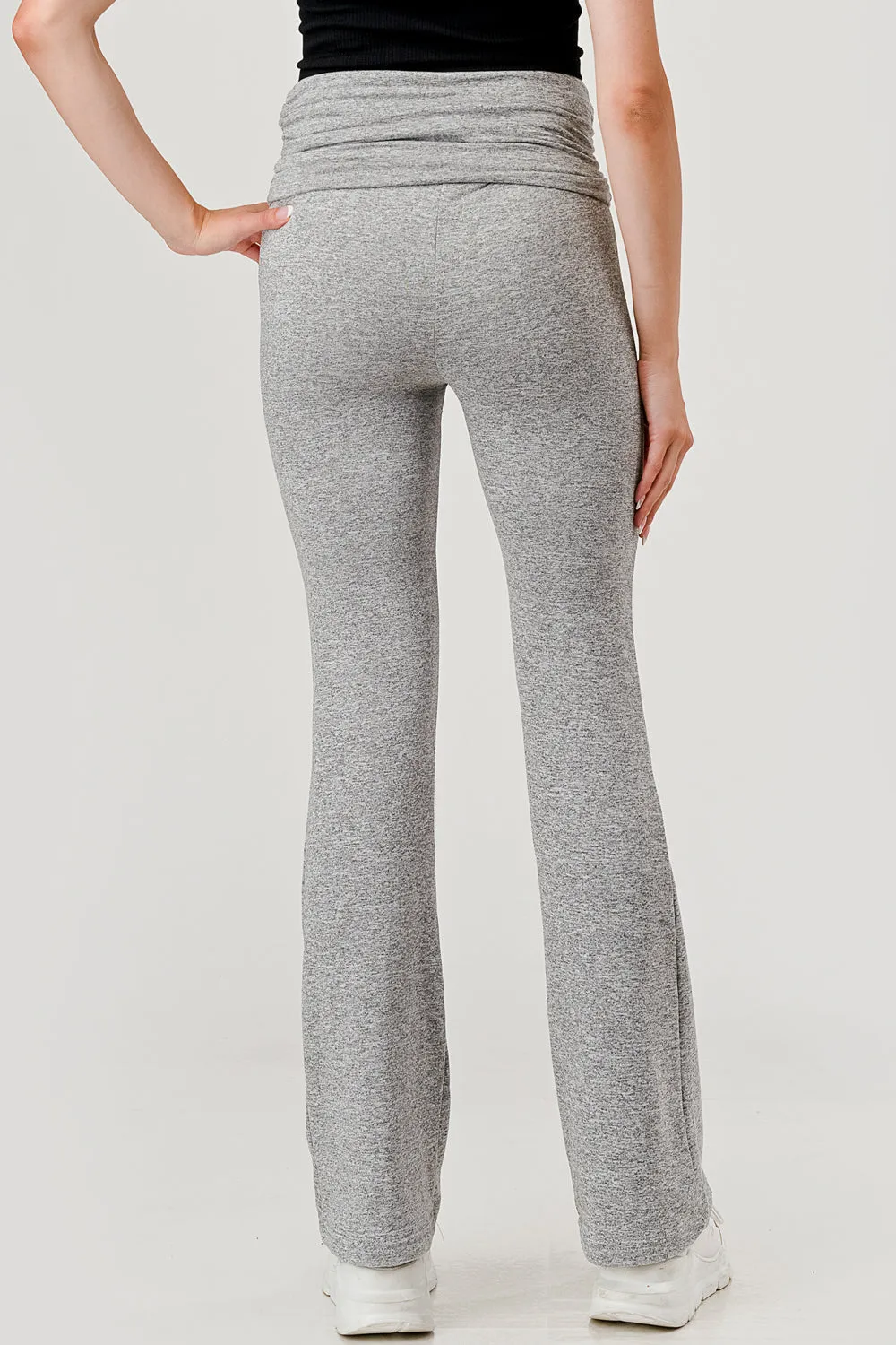 Soft Fleece Lined Fold Over Ruched Waist Flare Pants - Light Heather Gray