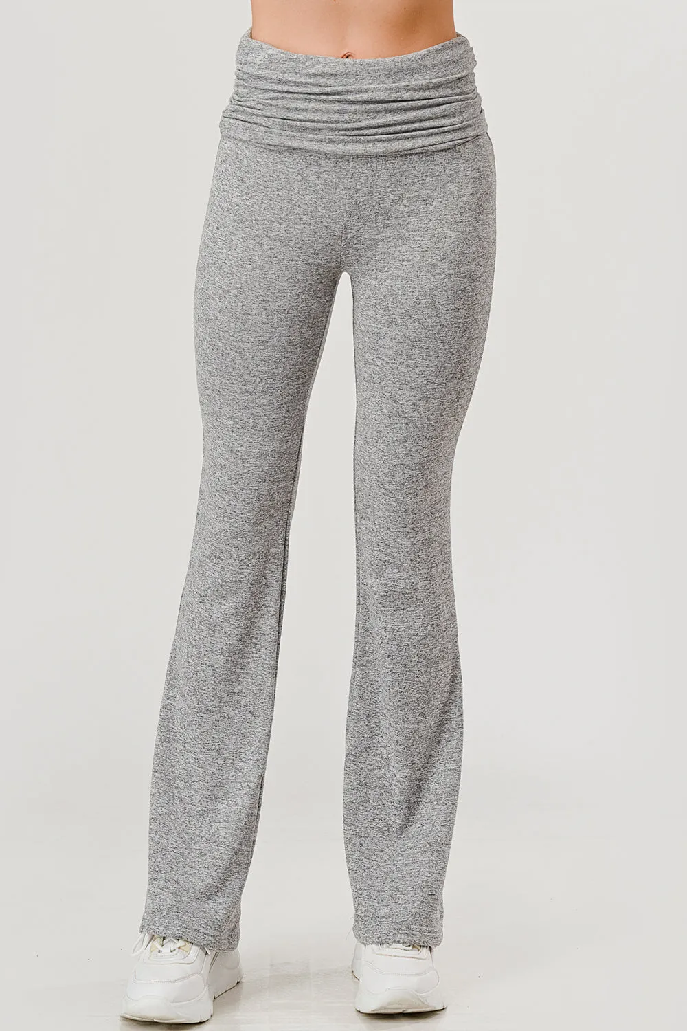 Soft Fleece Lined Fold Over Ruched Waist Flare Pants - Light Heather Gray