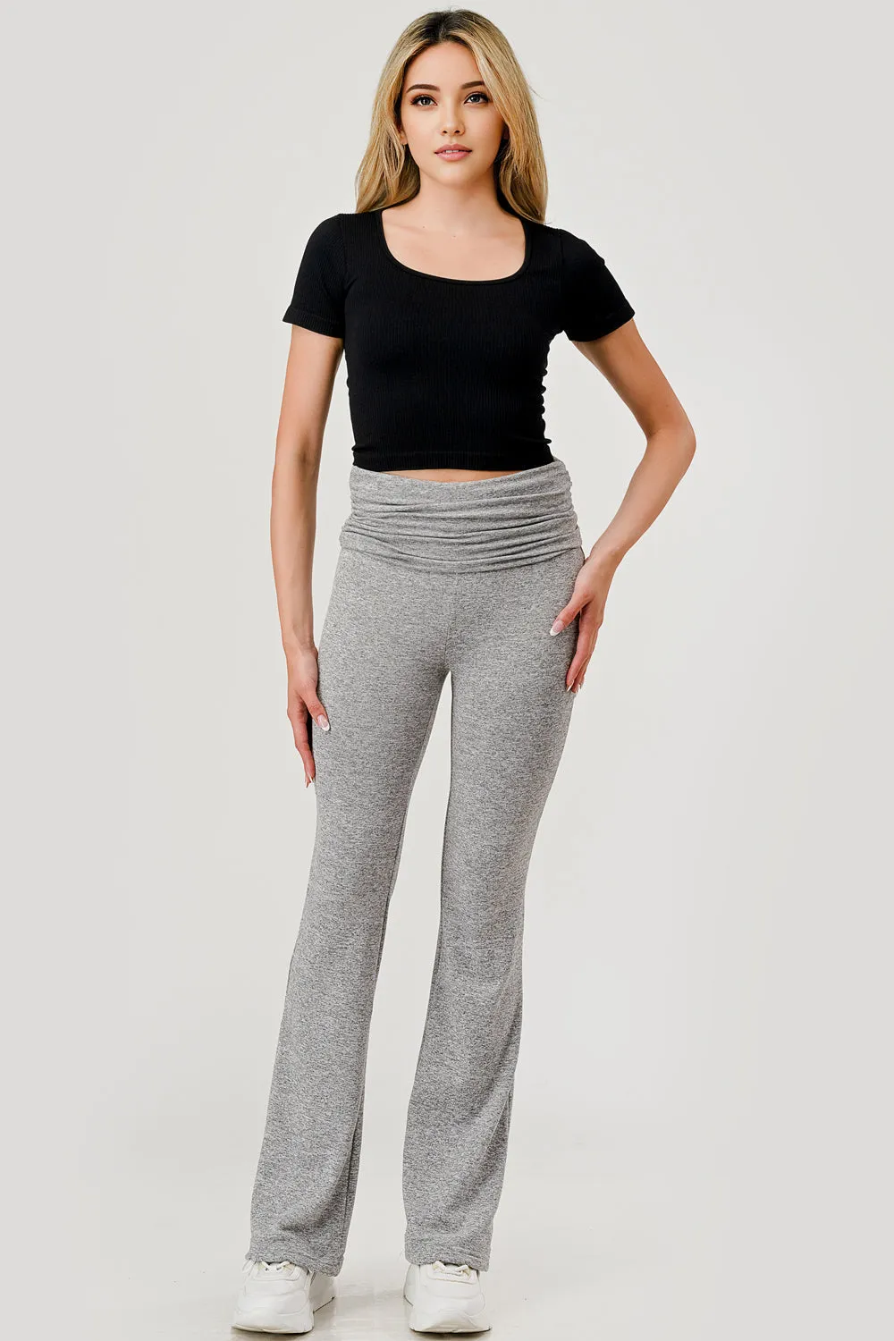 Soft Fleece Lined Fold Over Ruched Waist Flare Pants - Light Heather Gray