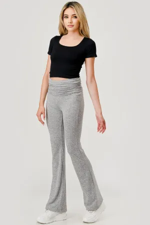 Soft Fleece Lined Fold Over Ruched Waist Flare Pants - Light Heather Gray