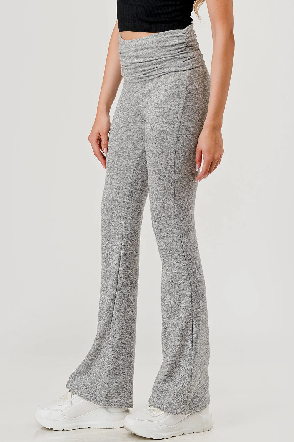 Soft Fleece Lined Fold Over Ruched Waist Flare Pants - Light Heather Gray