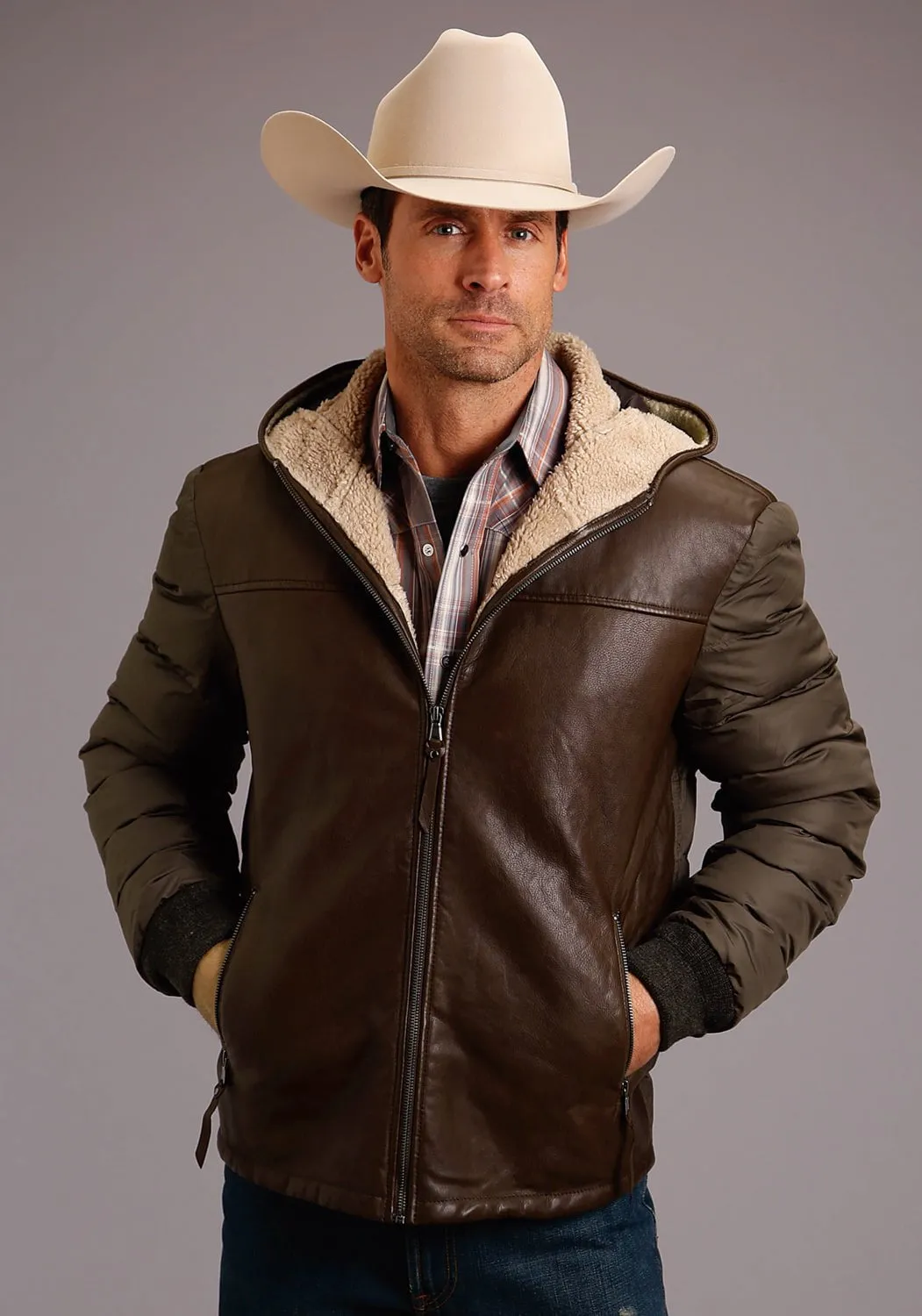 Stetson Mens Brown Leather Puff Sleeves Jacket