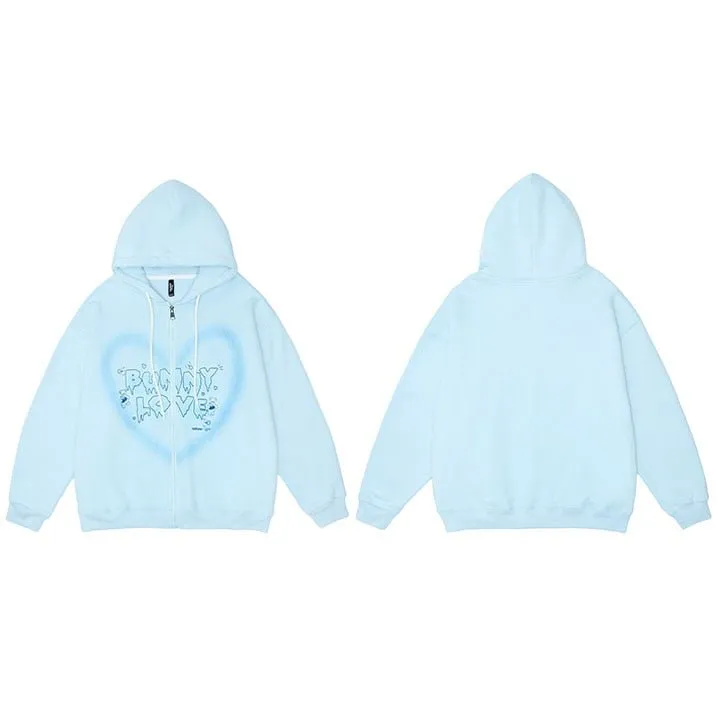 Streetwear Hooded Jacket with Graffiti Heart Letter Bear Print