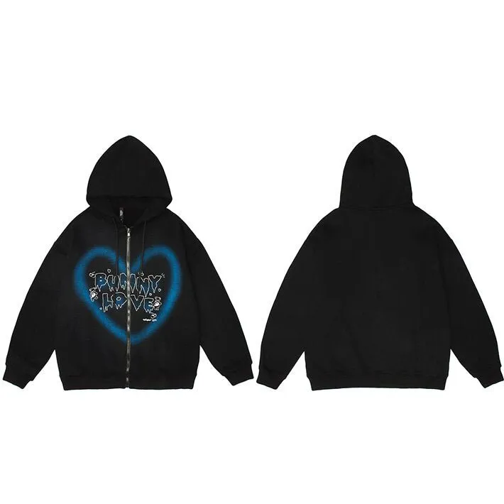 Streetwear Hooded Jacket with Graffiti Heart Letter Bear Print