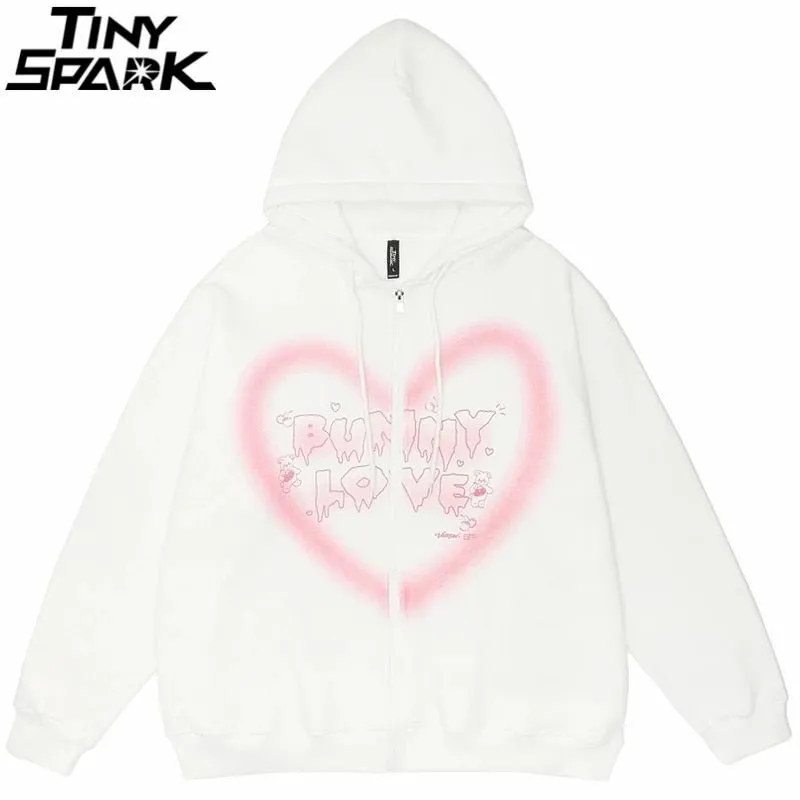 Streetwear Hooded Jacket with Graffiti Heart Letter Bear Print