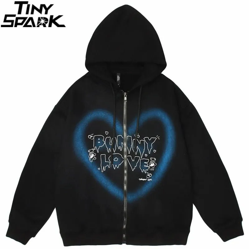 Streetwear Hooded Jacket with Graffiti Heart Letter Bear Print