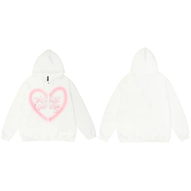 Streetwear Hooded Jacket with Graffiti Heart Letter Bear Print