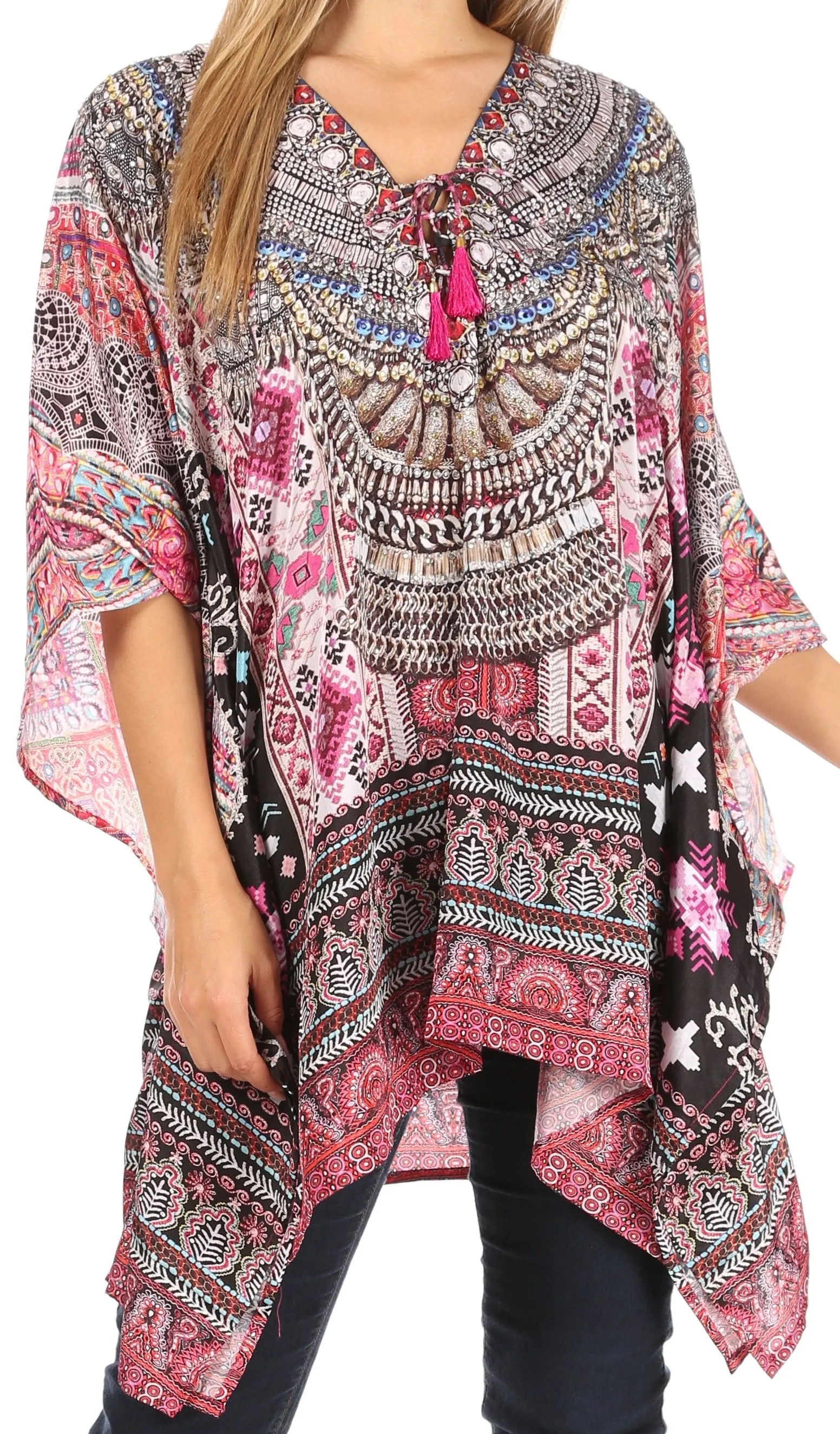 Stylish Rhinestone Lace-Up V-Neck Women's Caftan Poncho Cover-Up by Sakkas Aymee