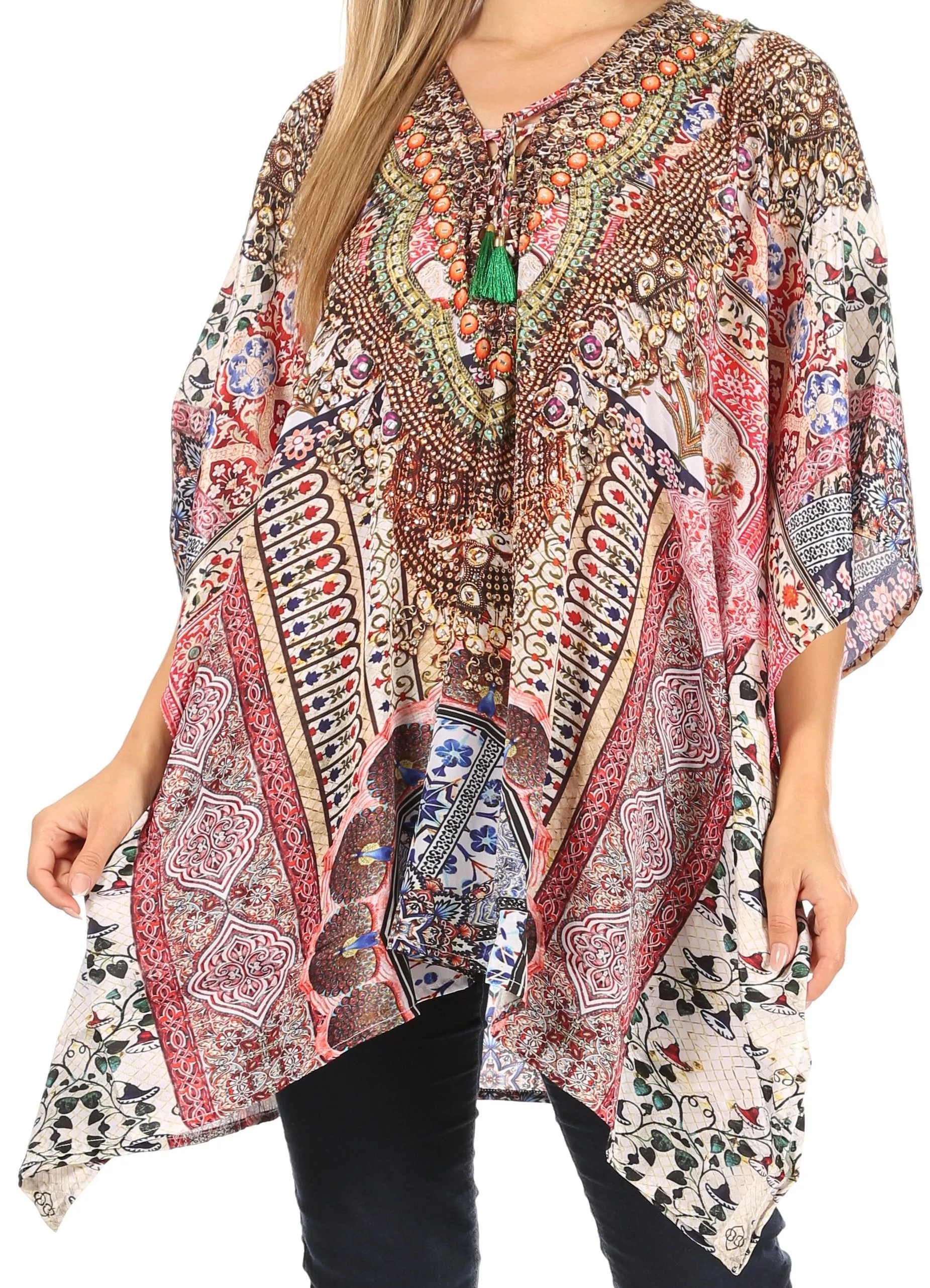 Stylish Rhinestone Lace-Up V-Neck Women's Caftan Poncho Cover-Up by Sakkas Aymee