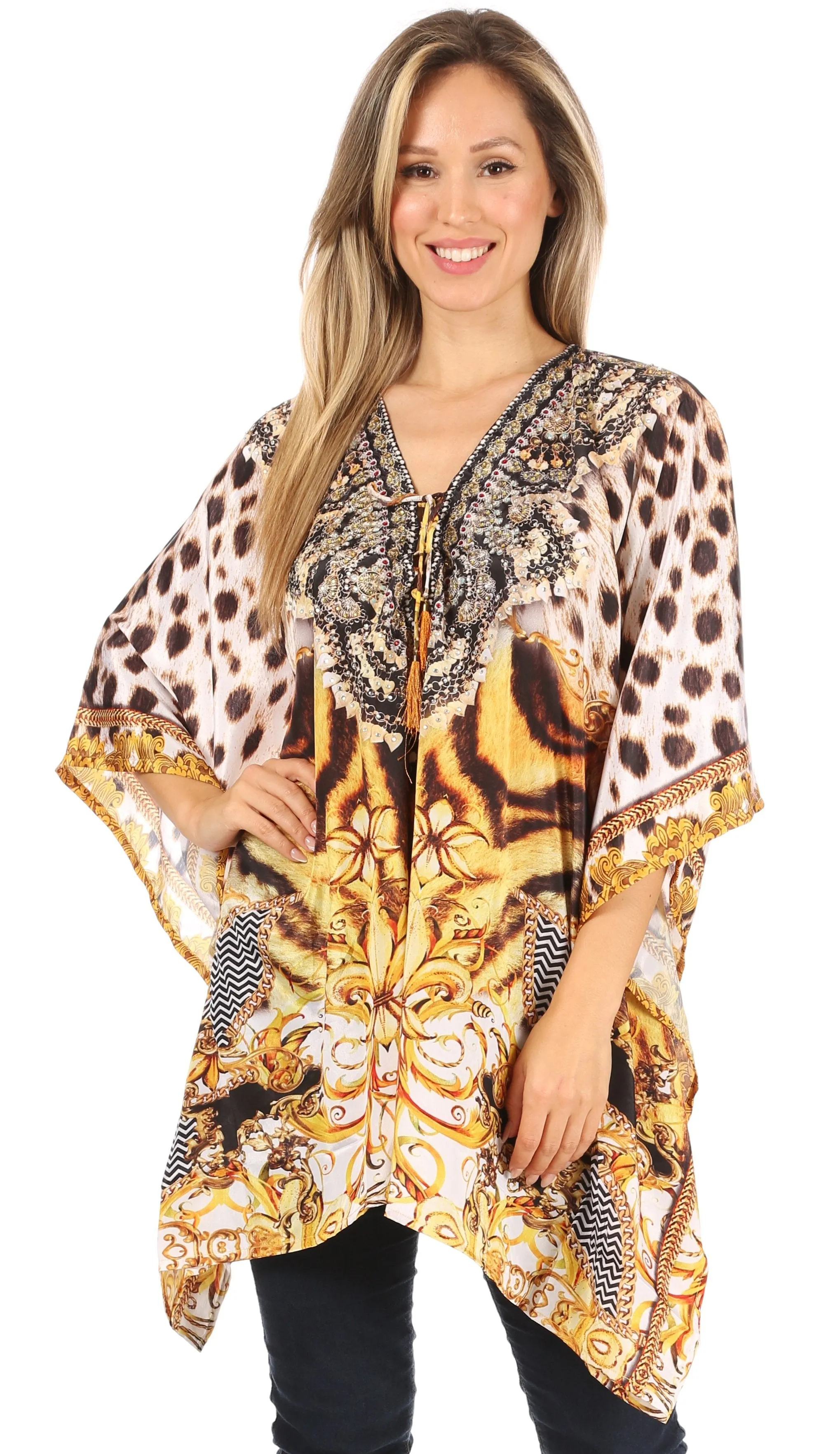 Stylish Rhinestone Lace-Up V-Neck Women's Caftan Poncho Cover-Up by Sakkas Aymee