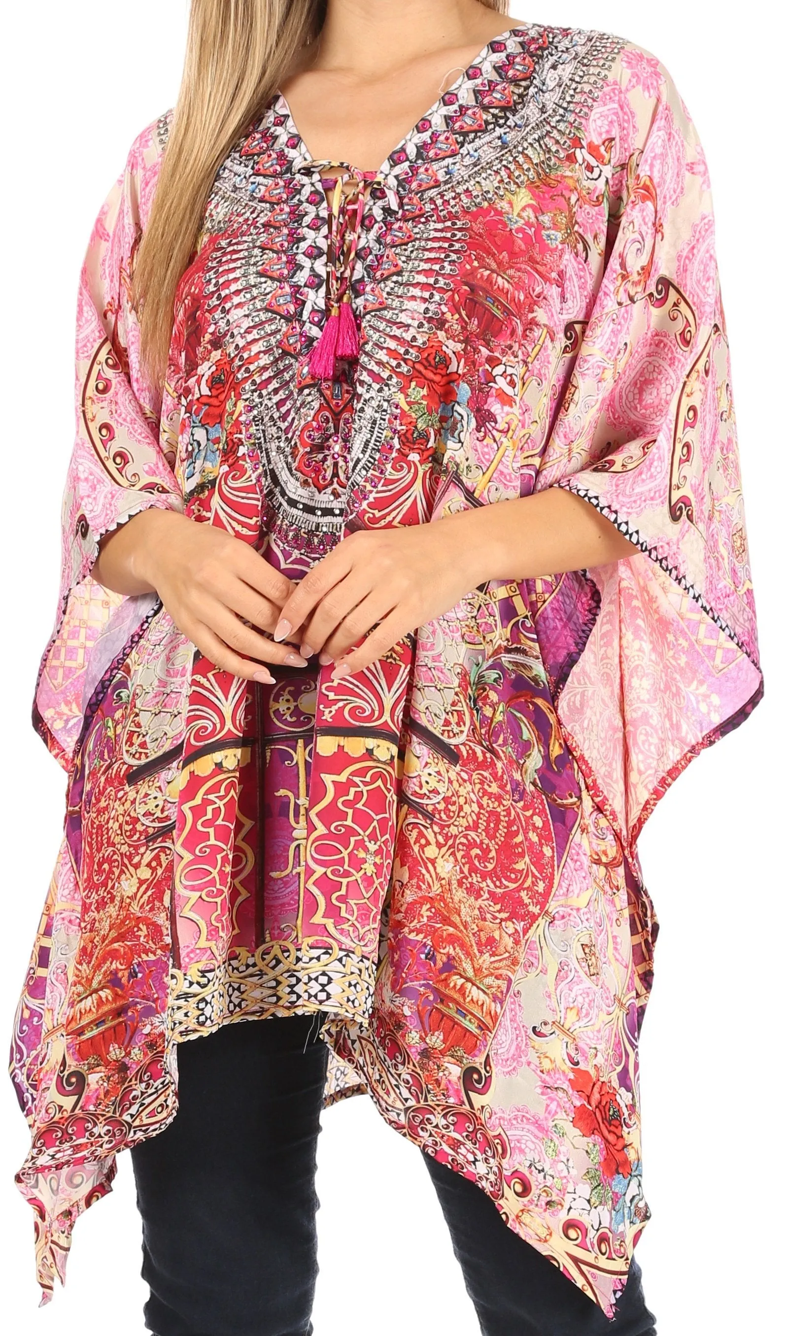 Stylish Rhinestone Lace-Up V-Neck Women's Caftan Poncho Cover-Up by Sakkas Aymee