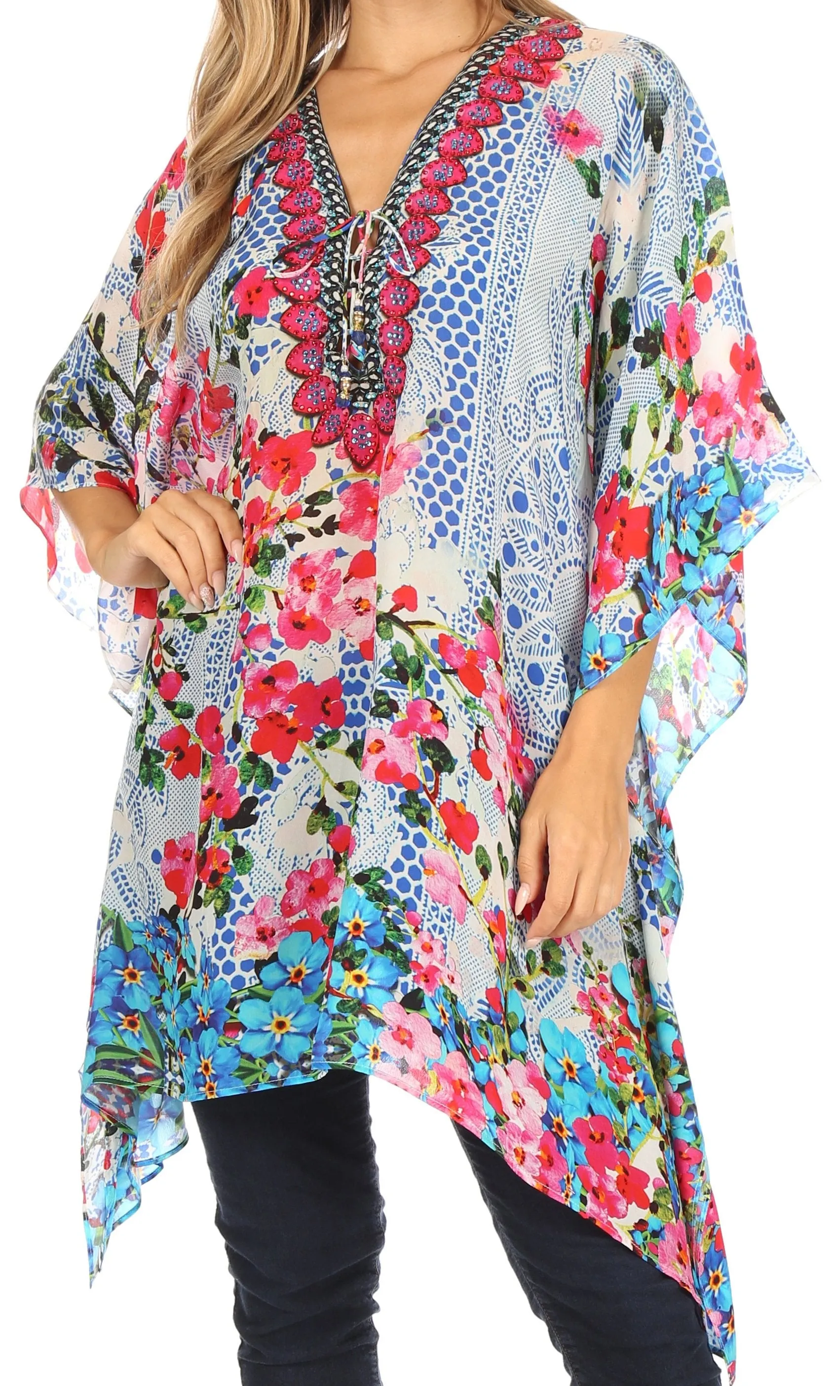 Stylish Rhinestone Lace-Up V-Neck Women's Caftan Poncho Cover-Up by Sakkas Aymee