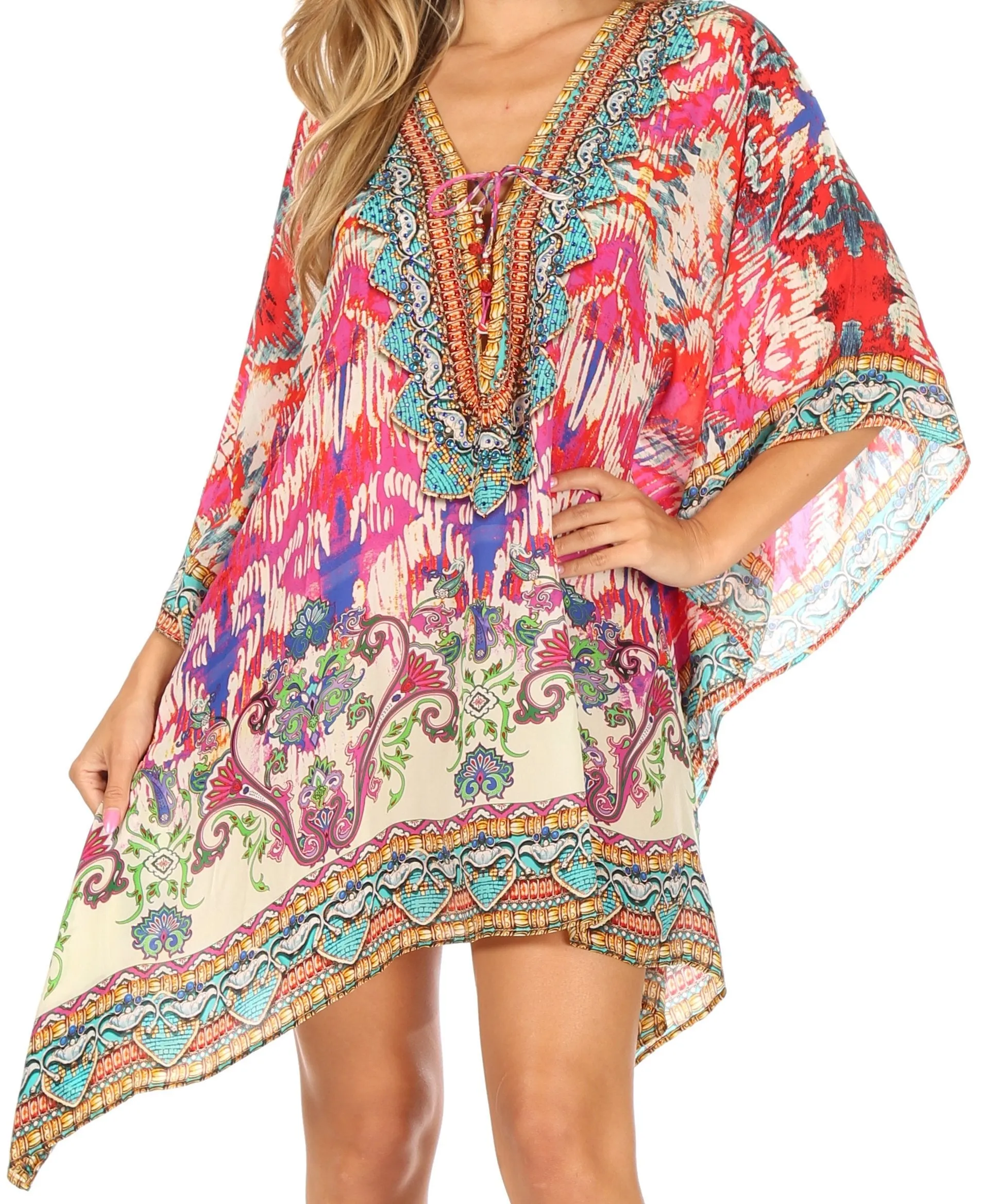 Stylish Rhinestone Lace-Up V-Neck Women's Caftan Poncho Cover-Up by Sakkas Aymee