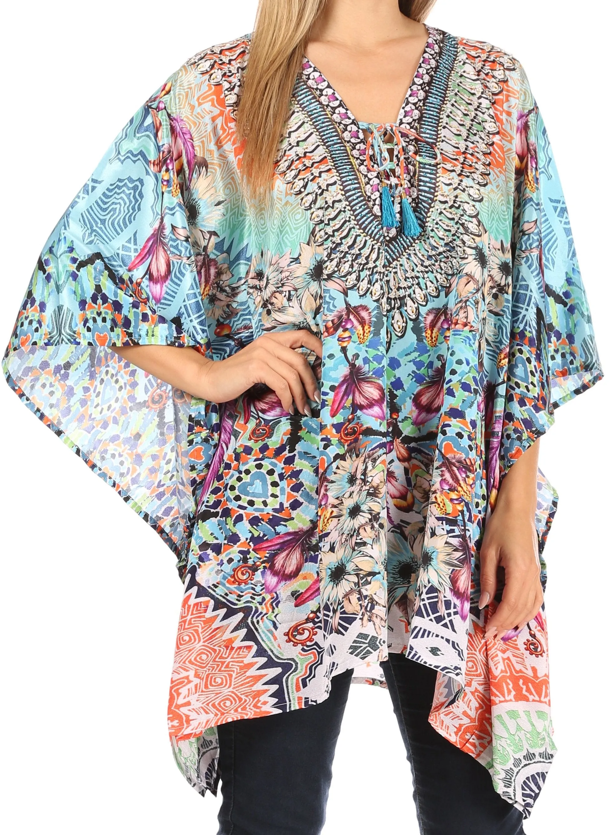 Stylish Rhinestone Lace-Up V-Neck Women's Caftan Poncho Cover-Up by Sakkas Aymee