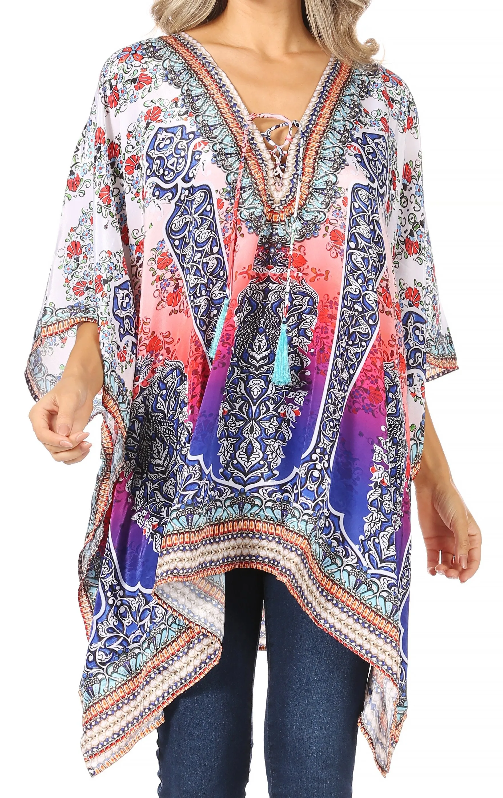 Stylish Rhinestone Lace-Up V-Neck Women's Caftan Poncho Cover-Up by Sakkas Aymee