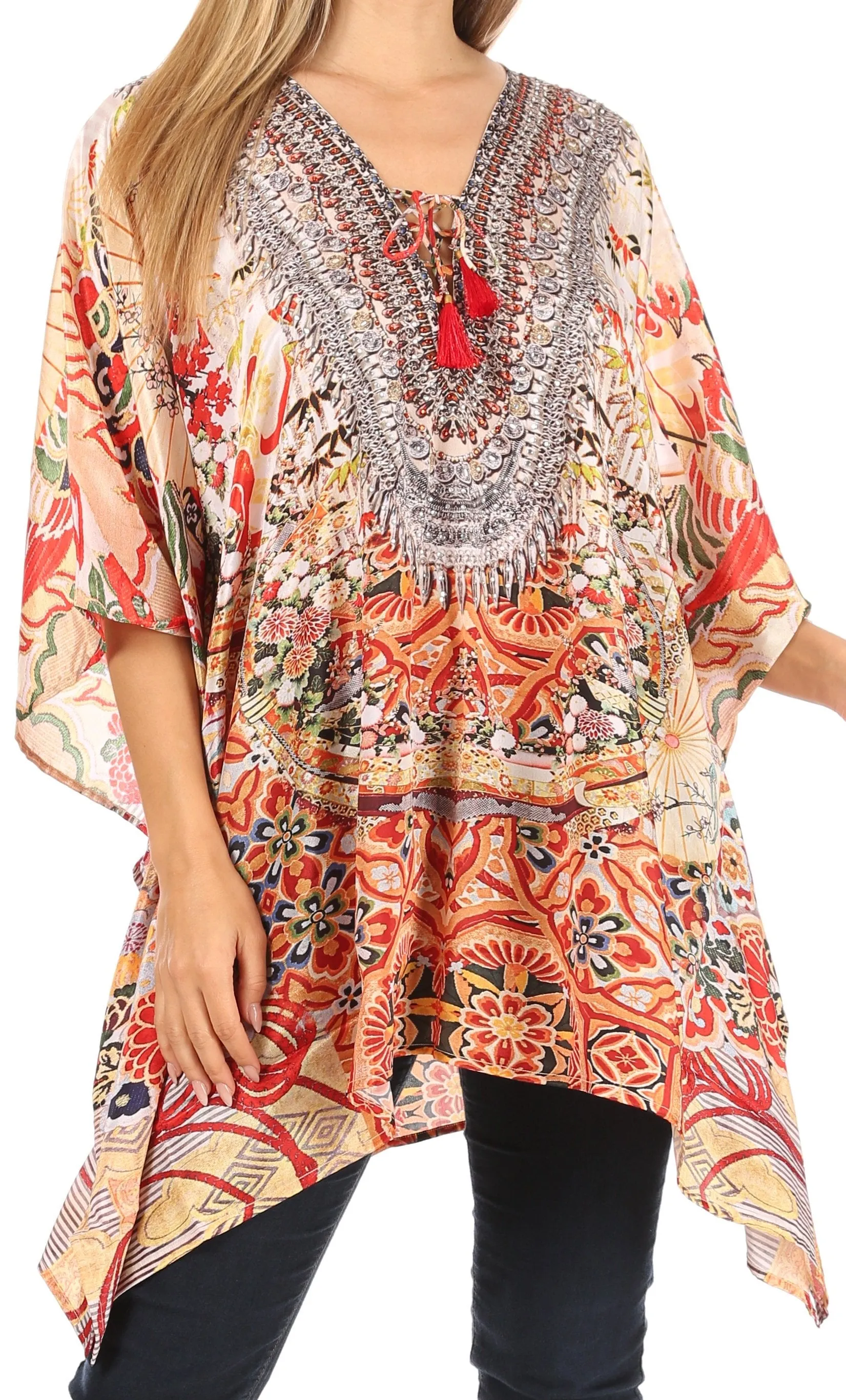 Stylish Rhinestone Lace-Up V-Neck Women's Caftan Poncho Cover-Up by Sakkas Aymee