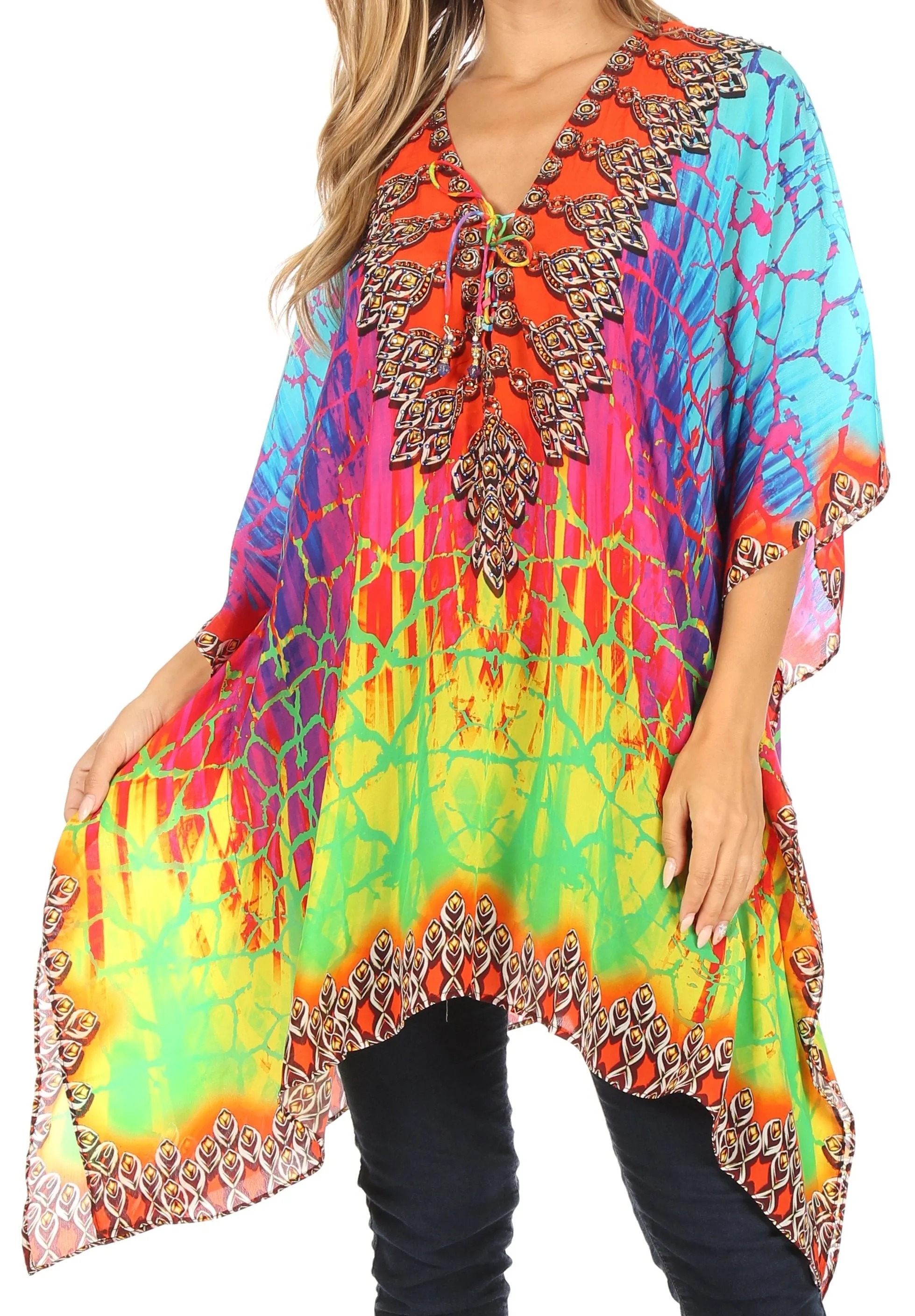 Stylish Rhinestone Lace-Up V-Neck Women's Caftan Poncho Cover-Up by Sakkas Aymee