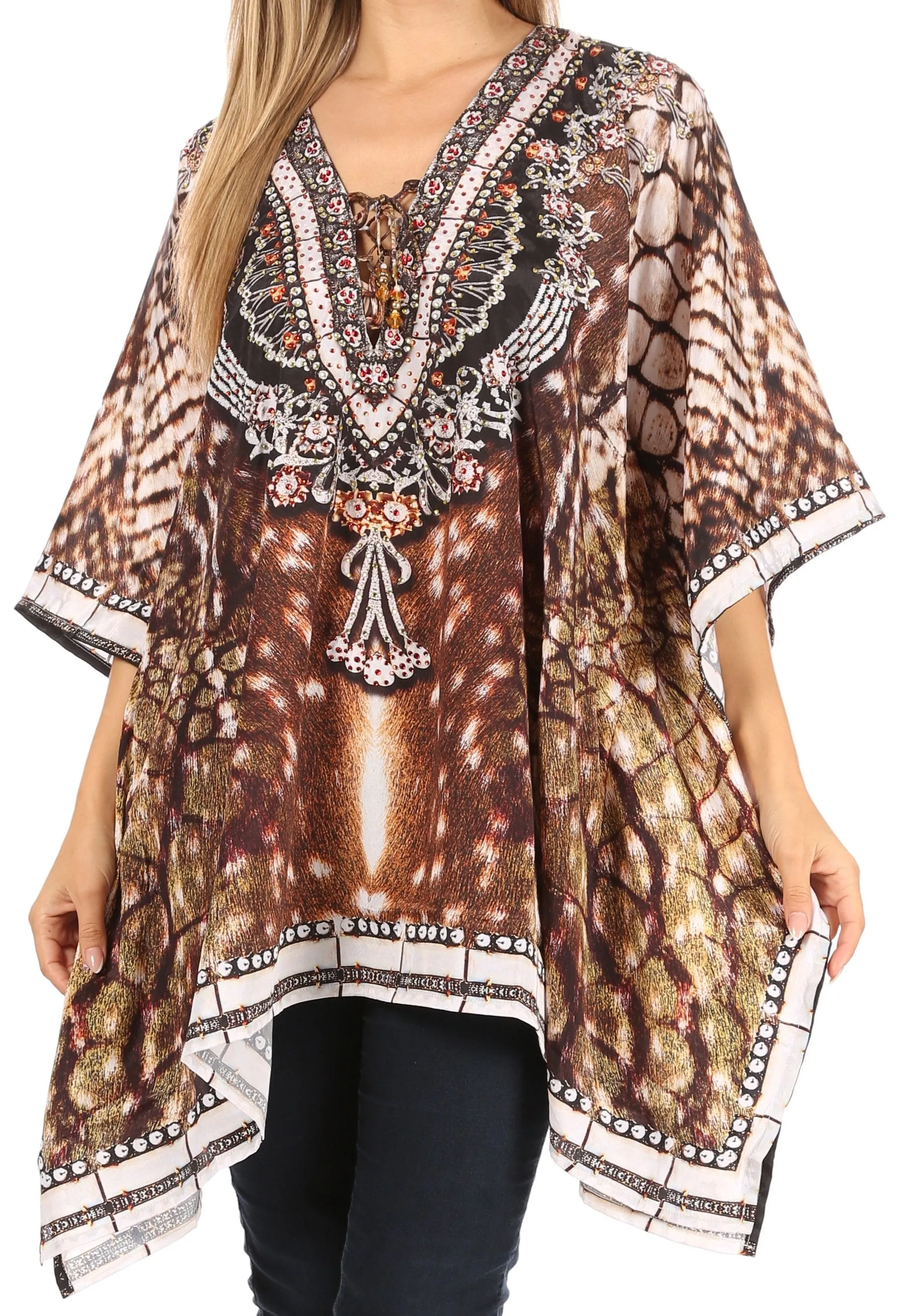 Stylish Rhinestone Lace-Up V-Neck Women's Caftan Poncho Cover-Up by Sakkas Aymee