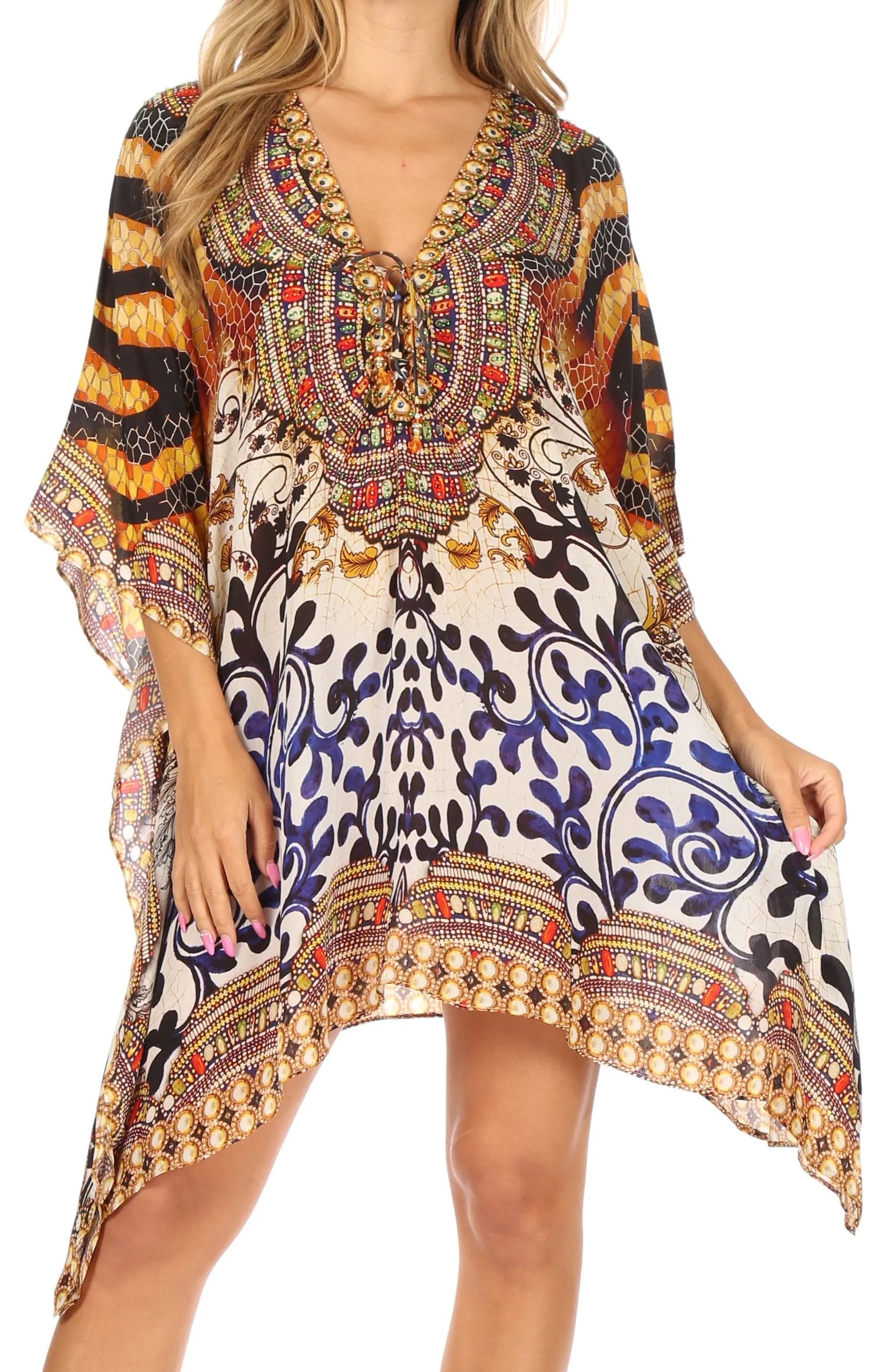 Stylish Rhinestone Lace-Up V-Neck Women's Caftan Poncho Cover-Up by Sakkas Aymee