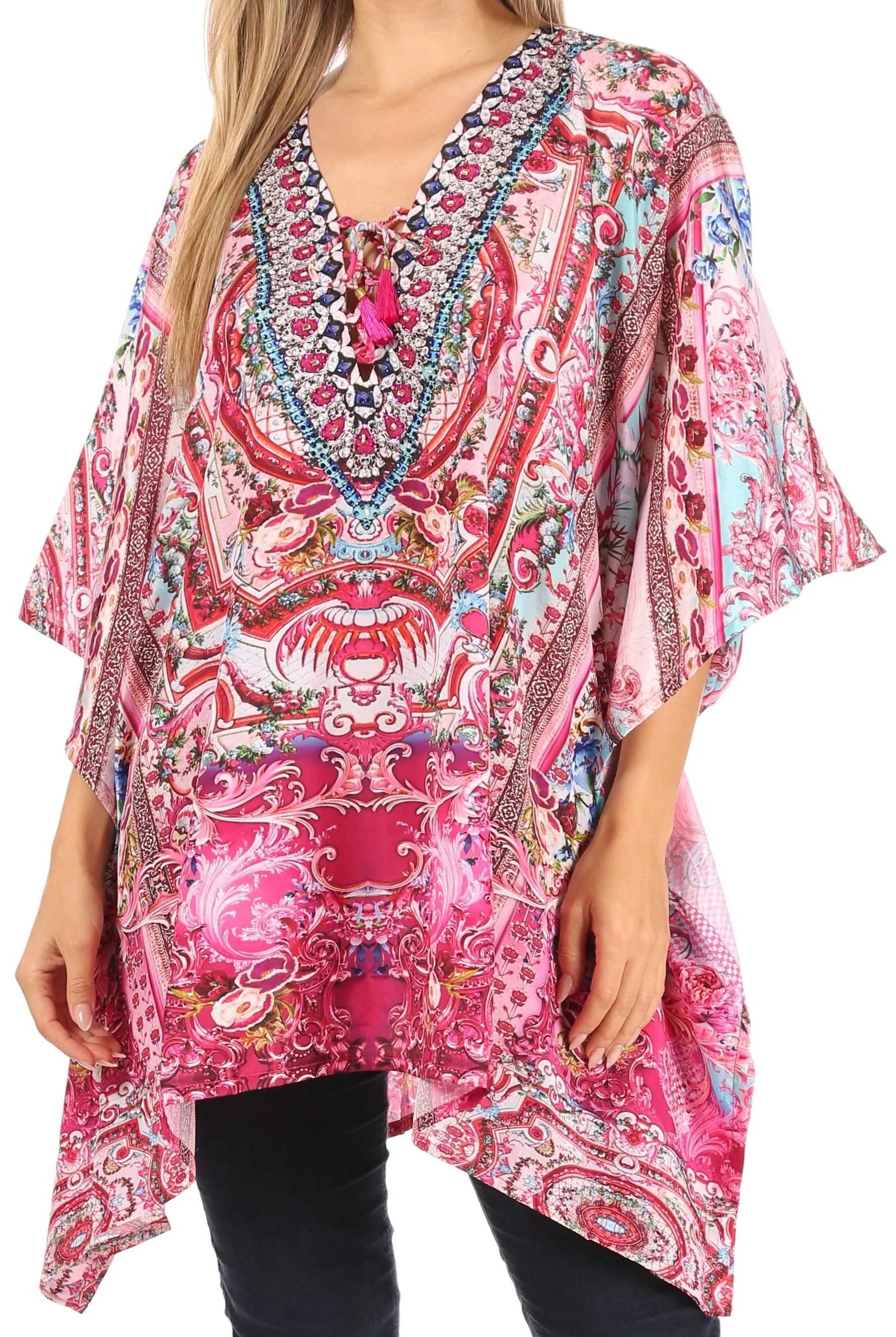 Stylish Rhinestone Lace-Up V-Neck Women's Caftan Poncho Cover-Up by Sakkas Aymee