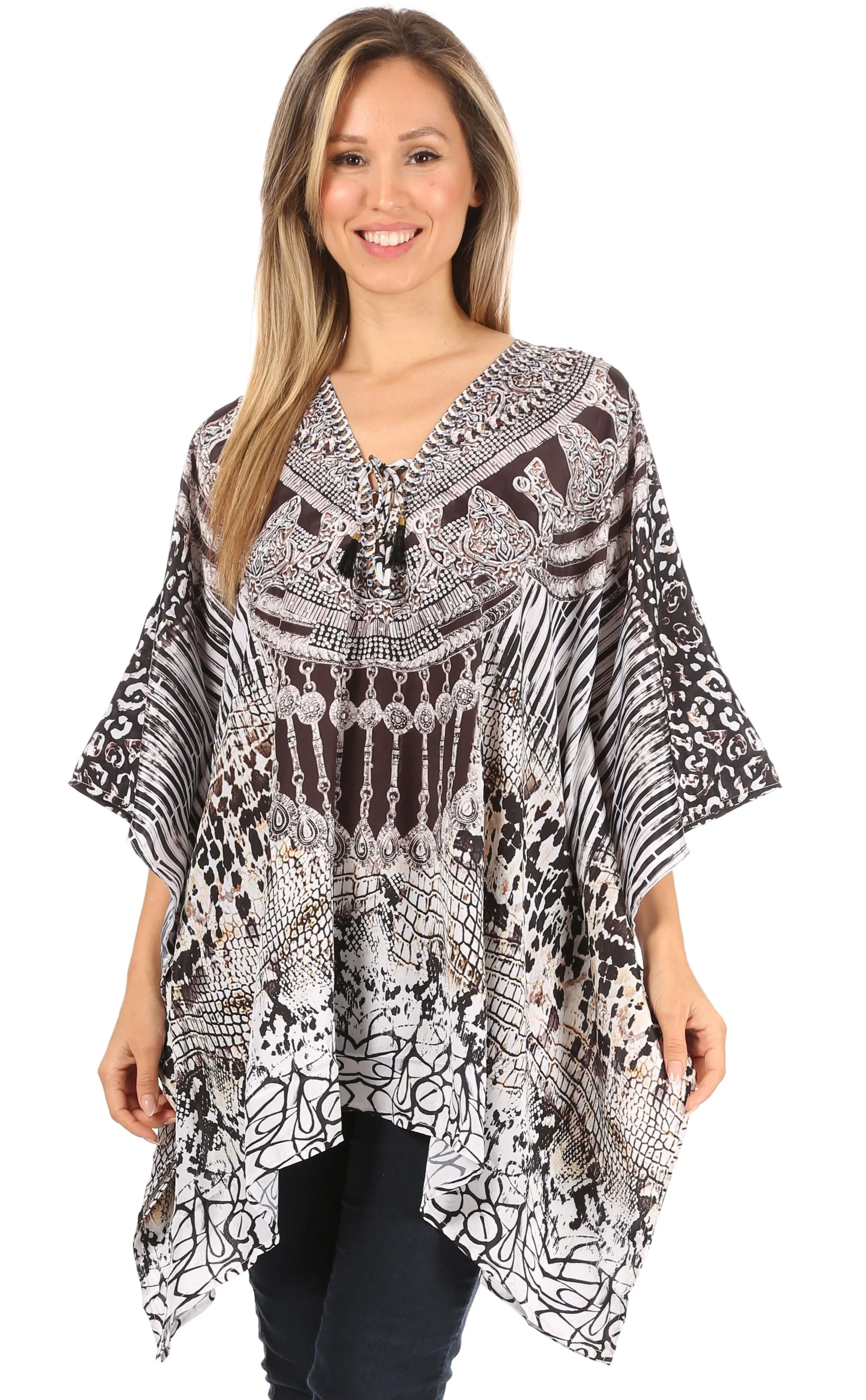 Stylish Rhinestone Lace-Up V-Neck Women's Caftan Poncho Cover-Up by Sakkas Aymee