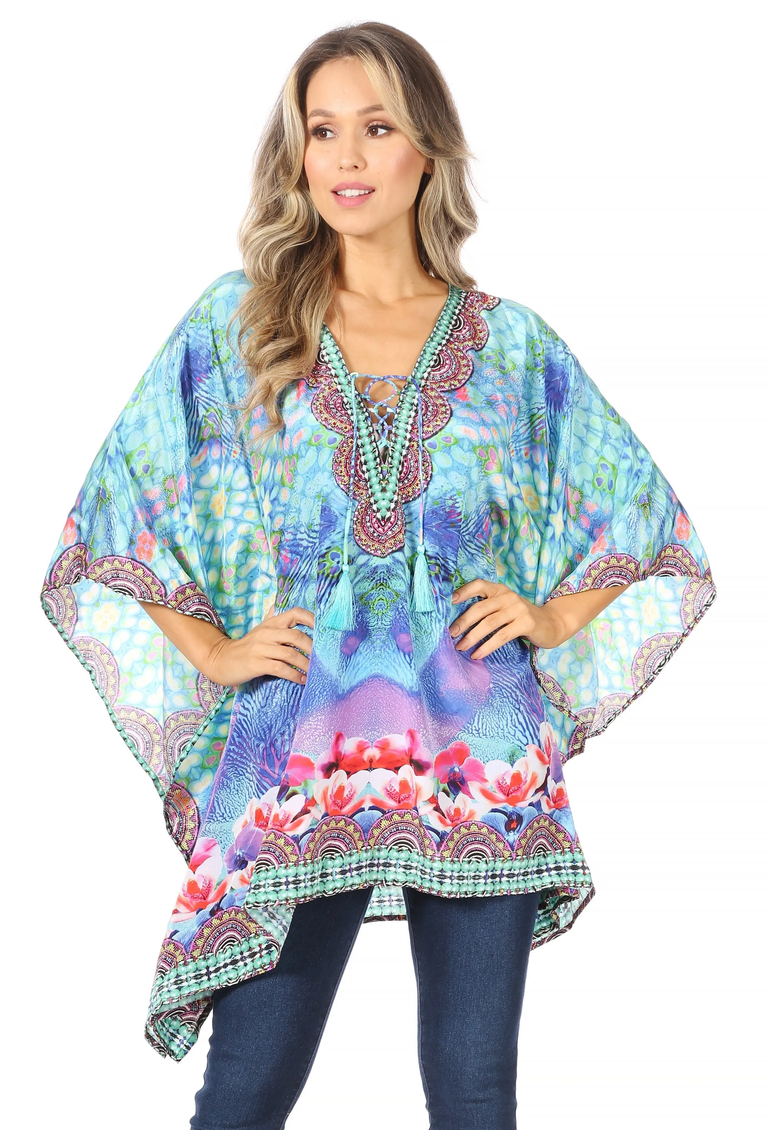 Stylish Rhinestone Lace-Up V-Neck Women's Caftan Poncho Cover-Up by Sakkas Aymee