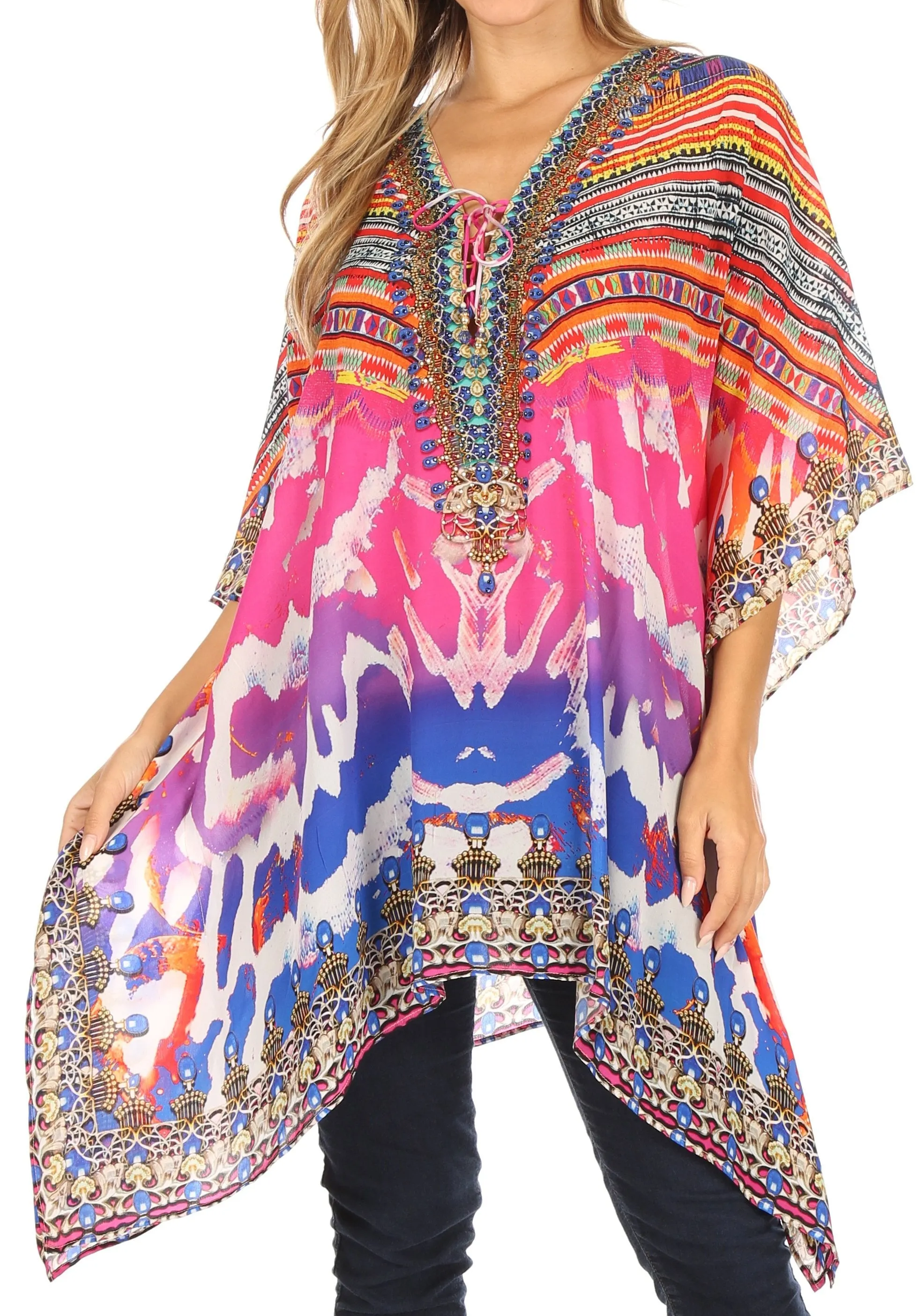 Stylish Rhinestone Lace-Up V-Neck Women's Caftan Poncho Cover-Up by Sakkas Aymee