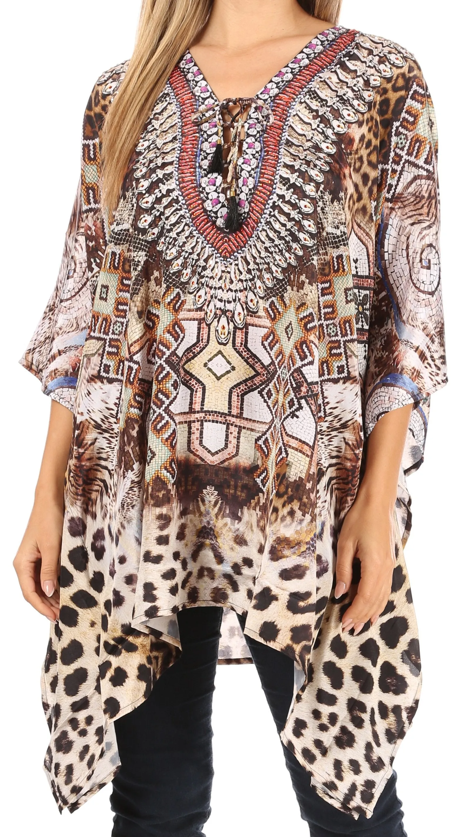 Stylish Rhinestone Lace-Up V-Neck Women's Caftan Poncho Cover-Up by Sakkas Aymee