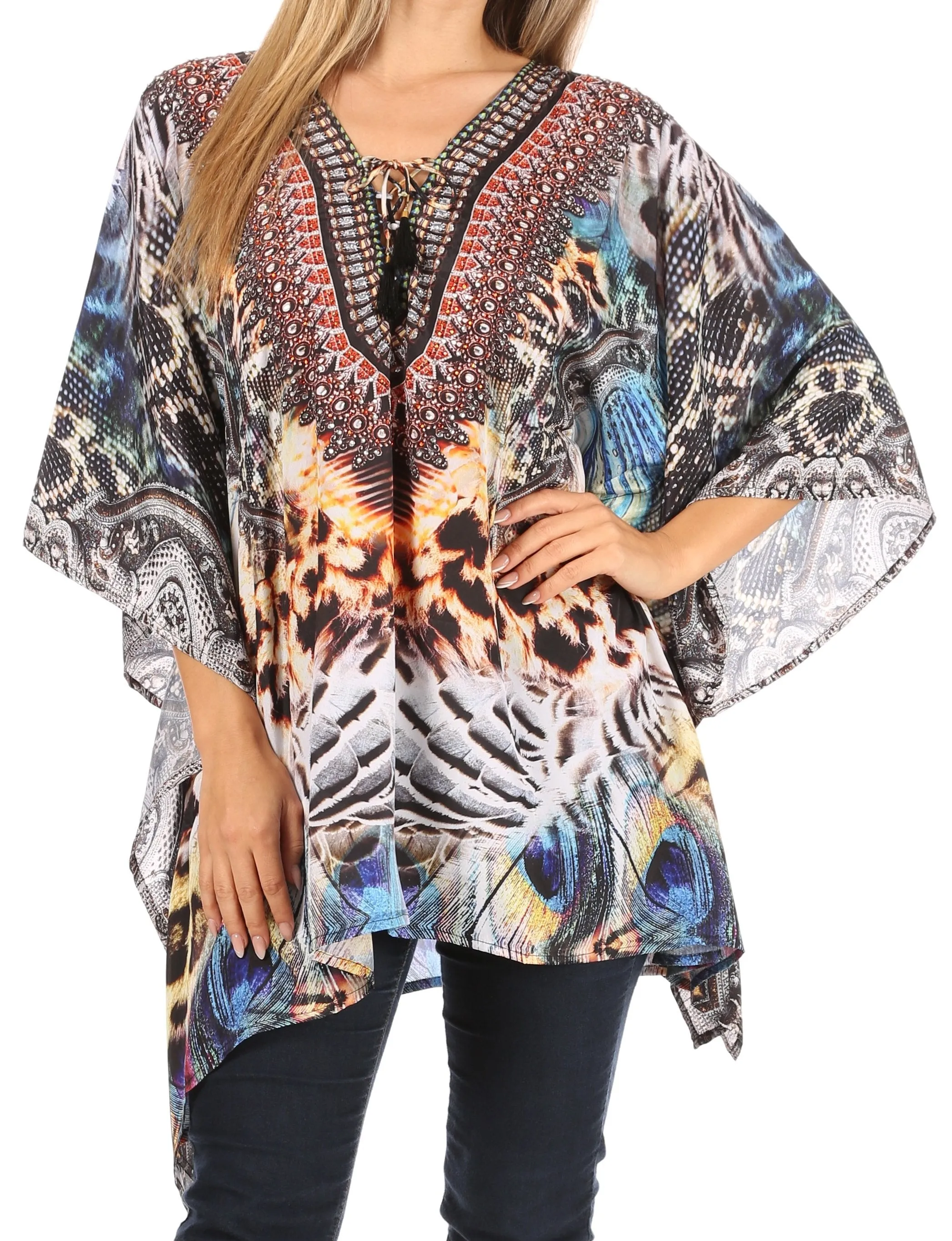 Stylish Rhinestone Lace-Up V-Neck Women's Caftan Poncho Cover-Up by Sakkas Aymee