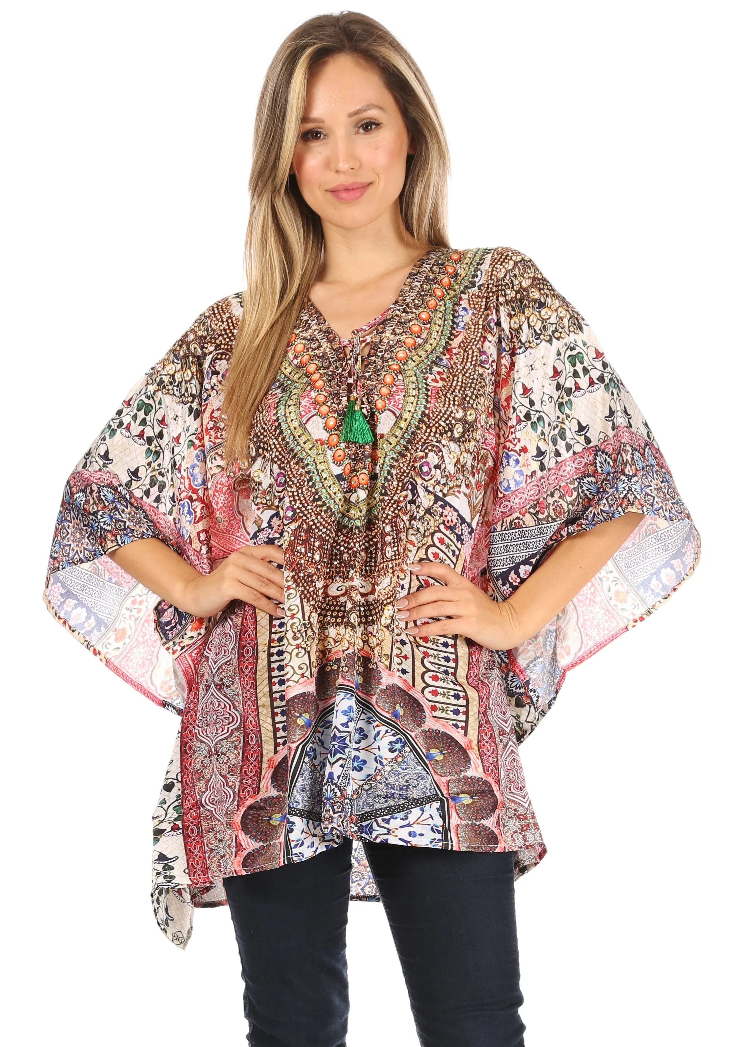 Stylish Rhinestone Lace-Up V-Neck Women's Caftan Poncho Cover-Up by Sakkas Aymee