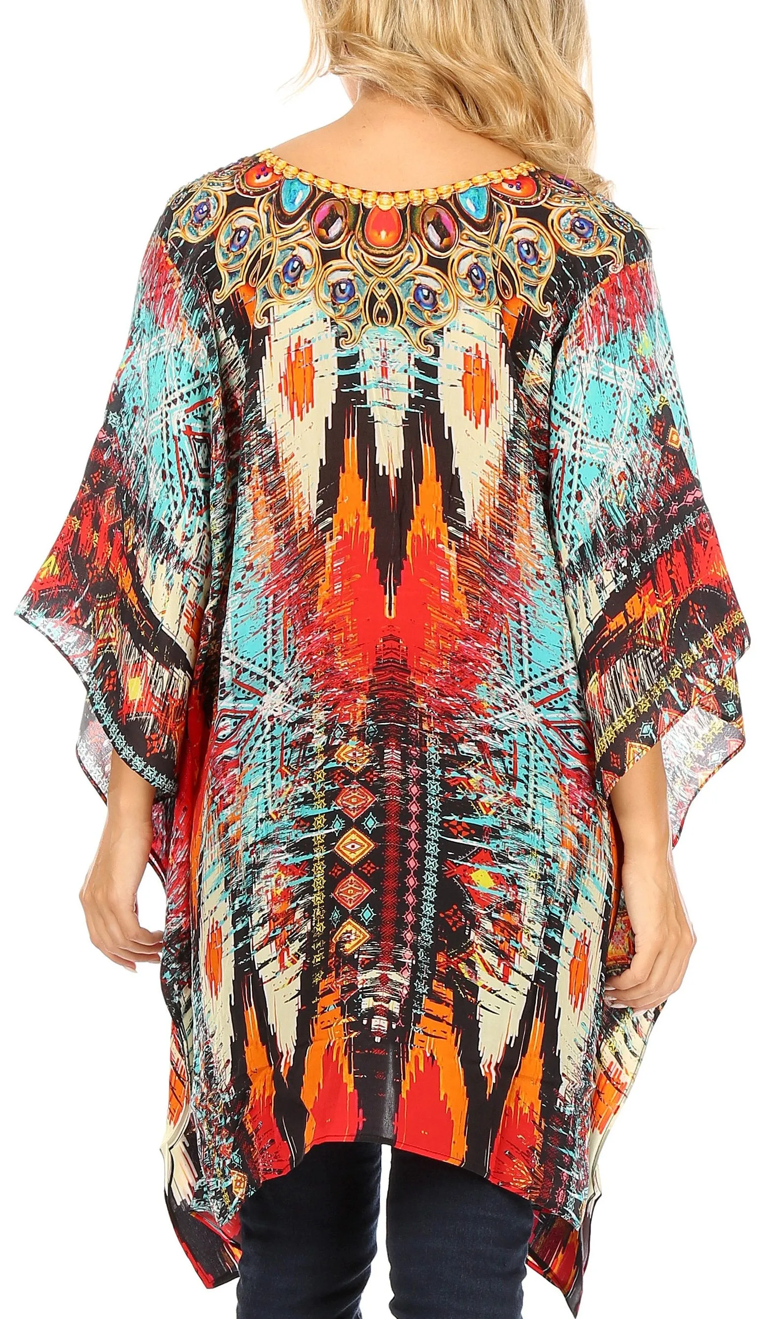 Stylish Rhinestone Lace-Up V-Neck Women's Caftan Poncho Cover-Up by Sakkas Aymee