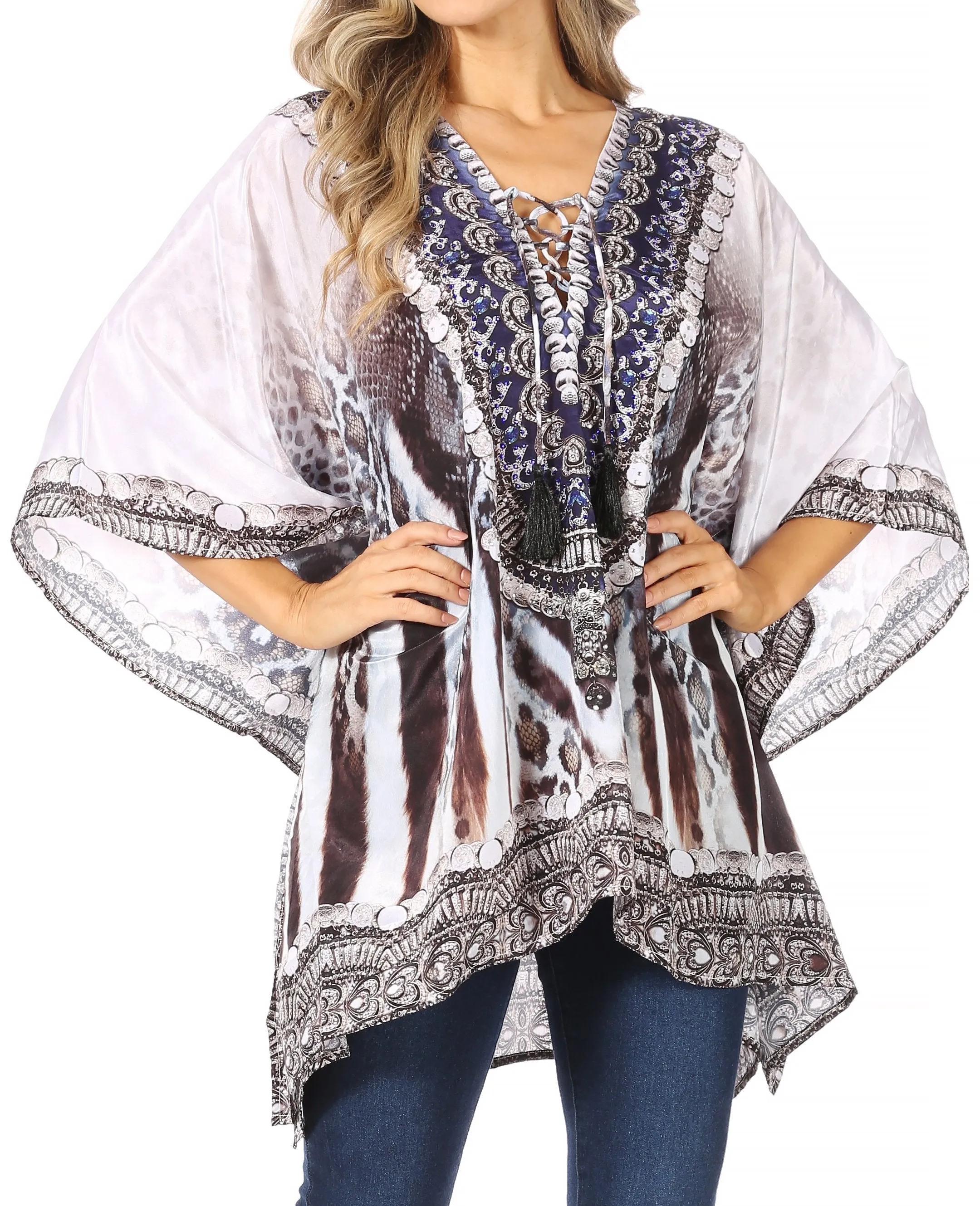 Stylish Rhinestone Lace-Up V-Neck Women's Caftan Poncho Cover-Up by Sakkas Aymee