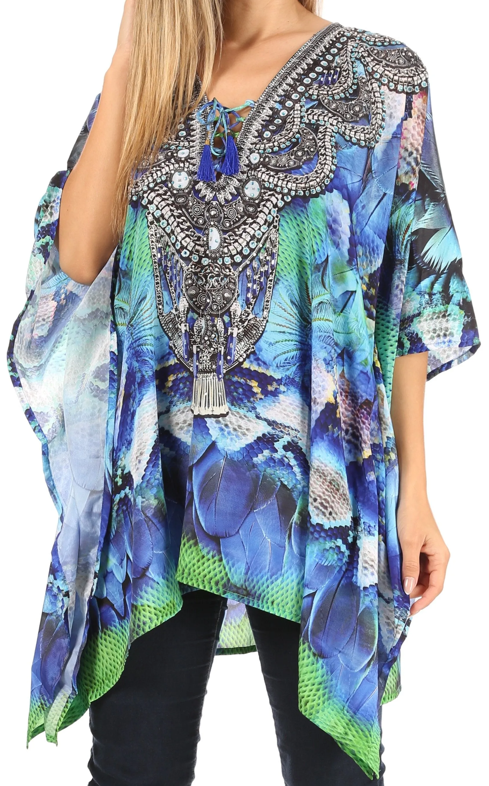 Stylish Rhinestone Lace-Up V-Neck Women's Caftan Poncho Cover-Up by Sakkas Aymee