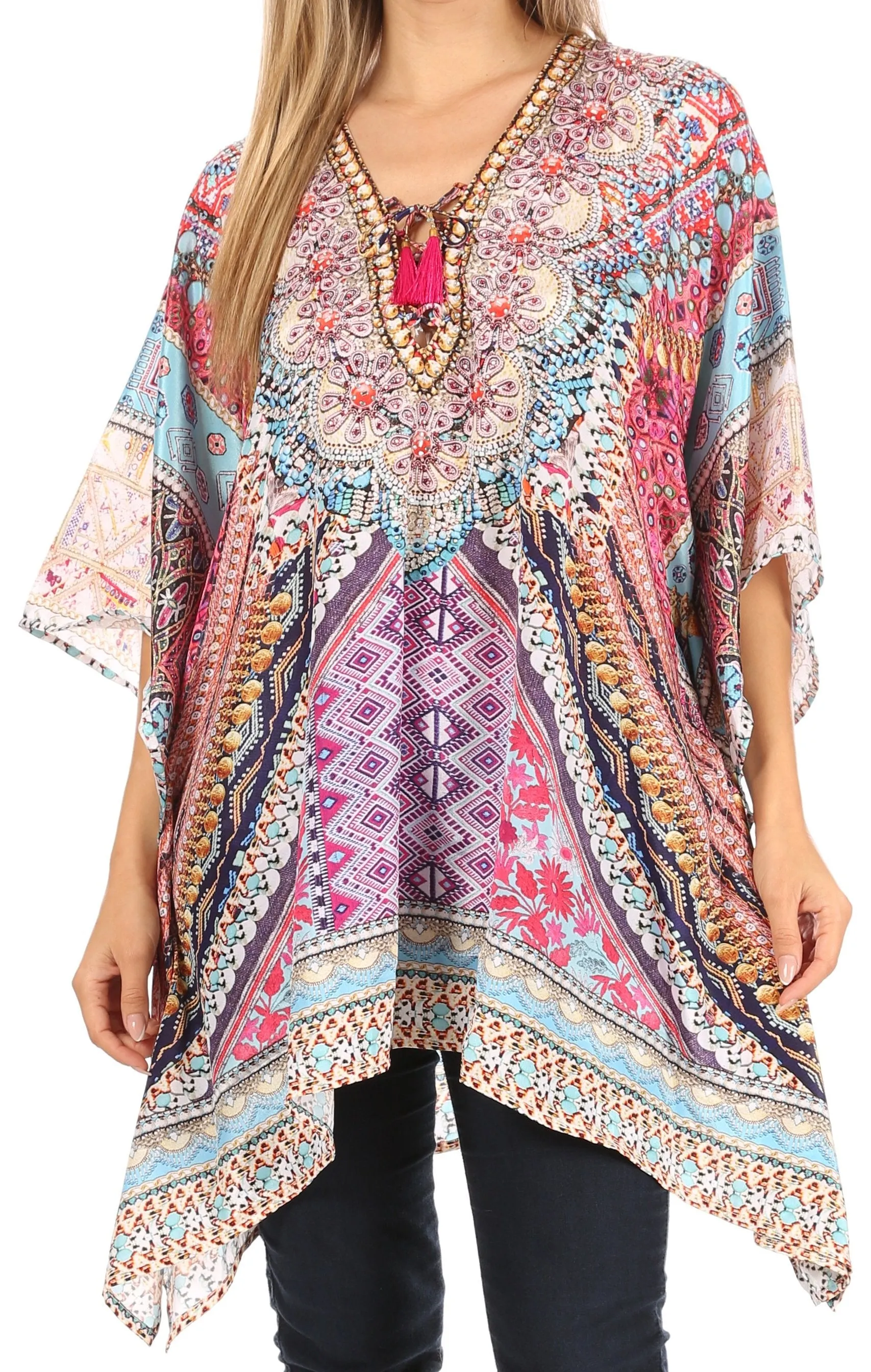 Stylish Rhinestone Lace-Up V-Neck Women's Caftan Poncho Cover-Up by Sakkas Aymee