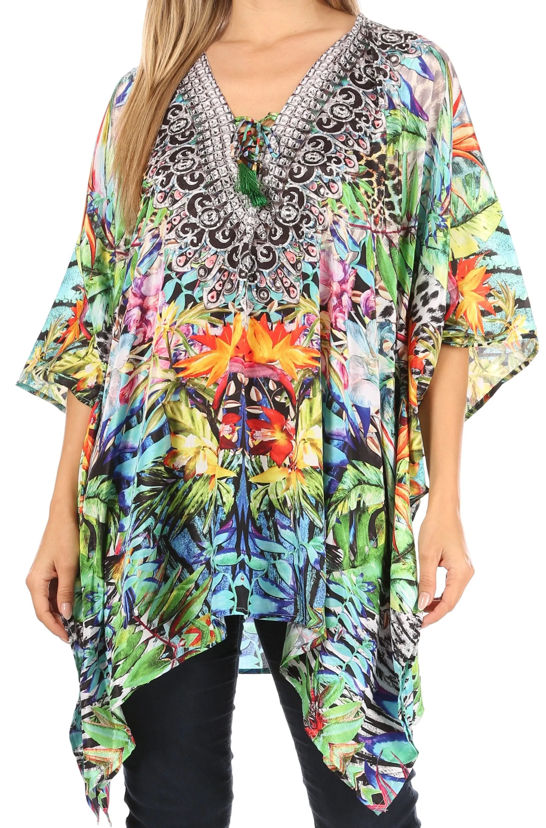 Stylish Rhinestone Lace-Up V-Neck Women's Caftan Poncho Cover-Up by Sakkas Aymee