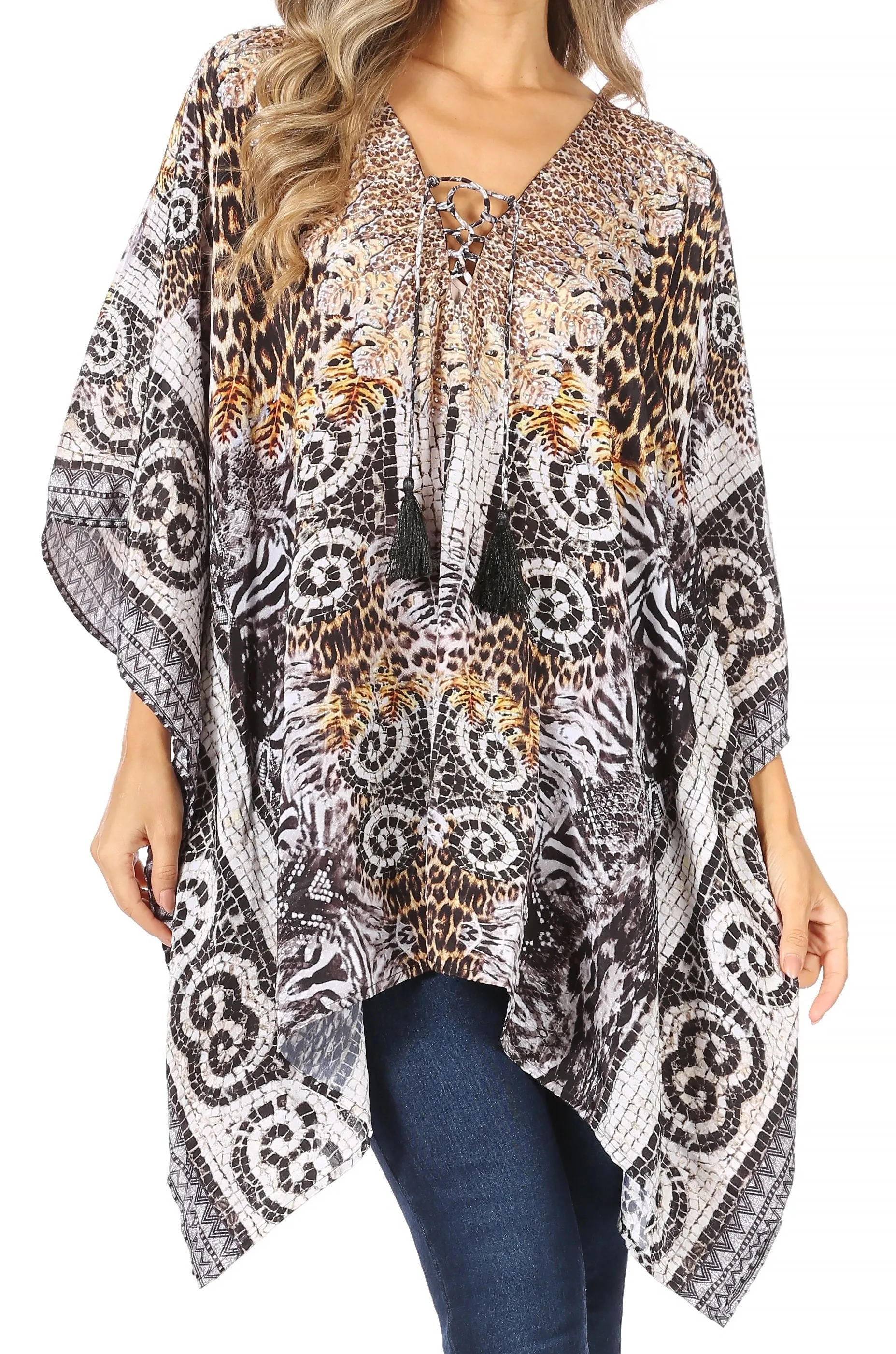 Stylish Rhinestone Lace-Up V-Neck Women's Caftan Poncho Cover-Up by Sakkas Aymee