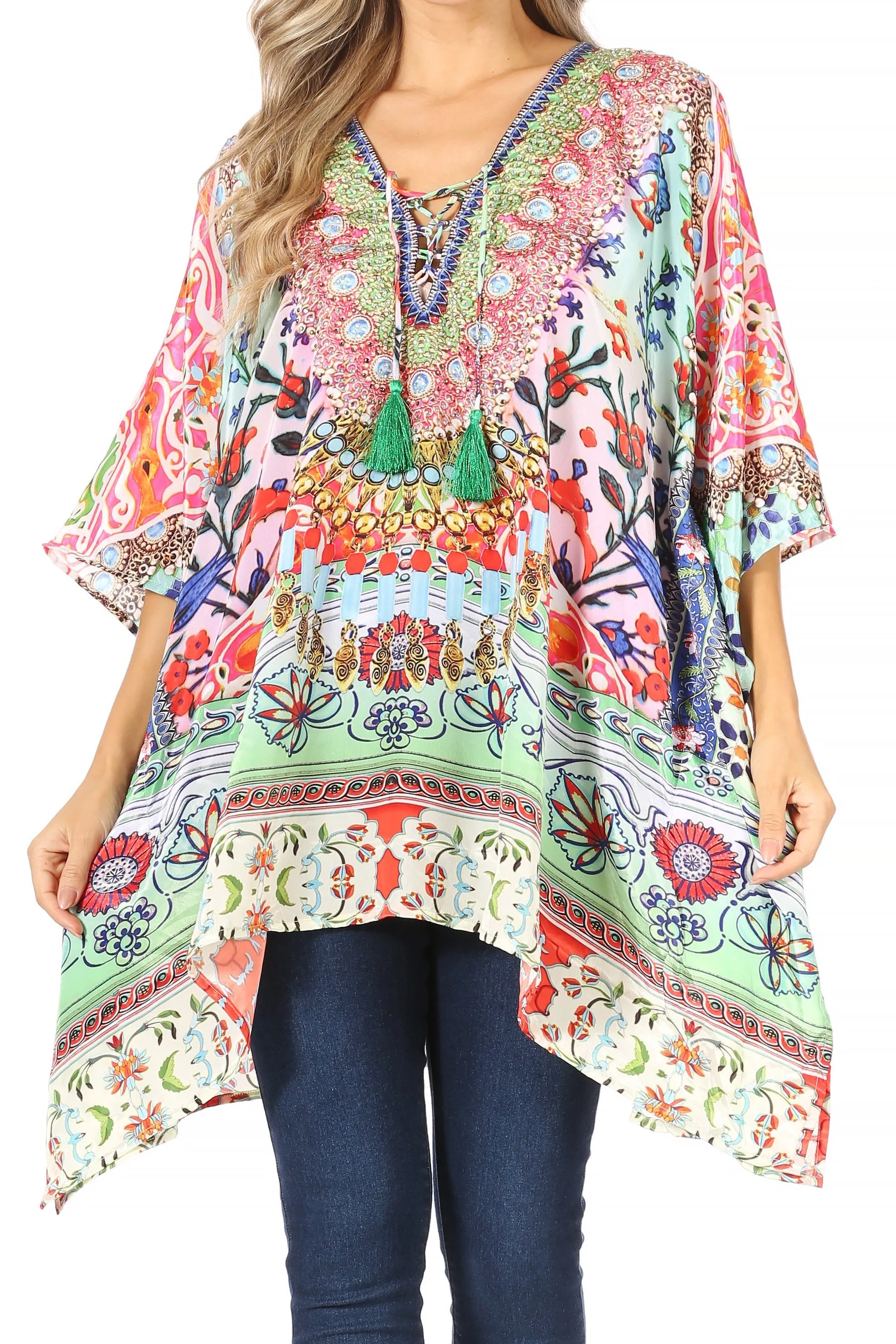 Stylish Rhinestone Lace-Up V-Neck Women's Caftan Poncho Cover-Up by Sakkas Aymee