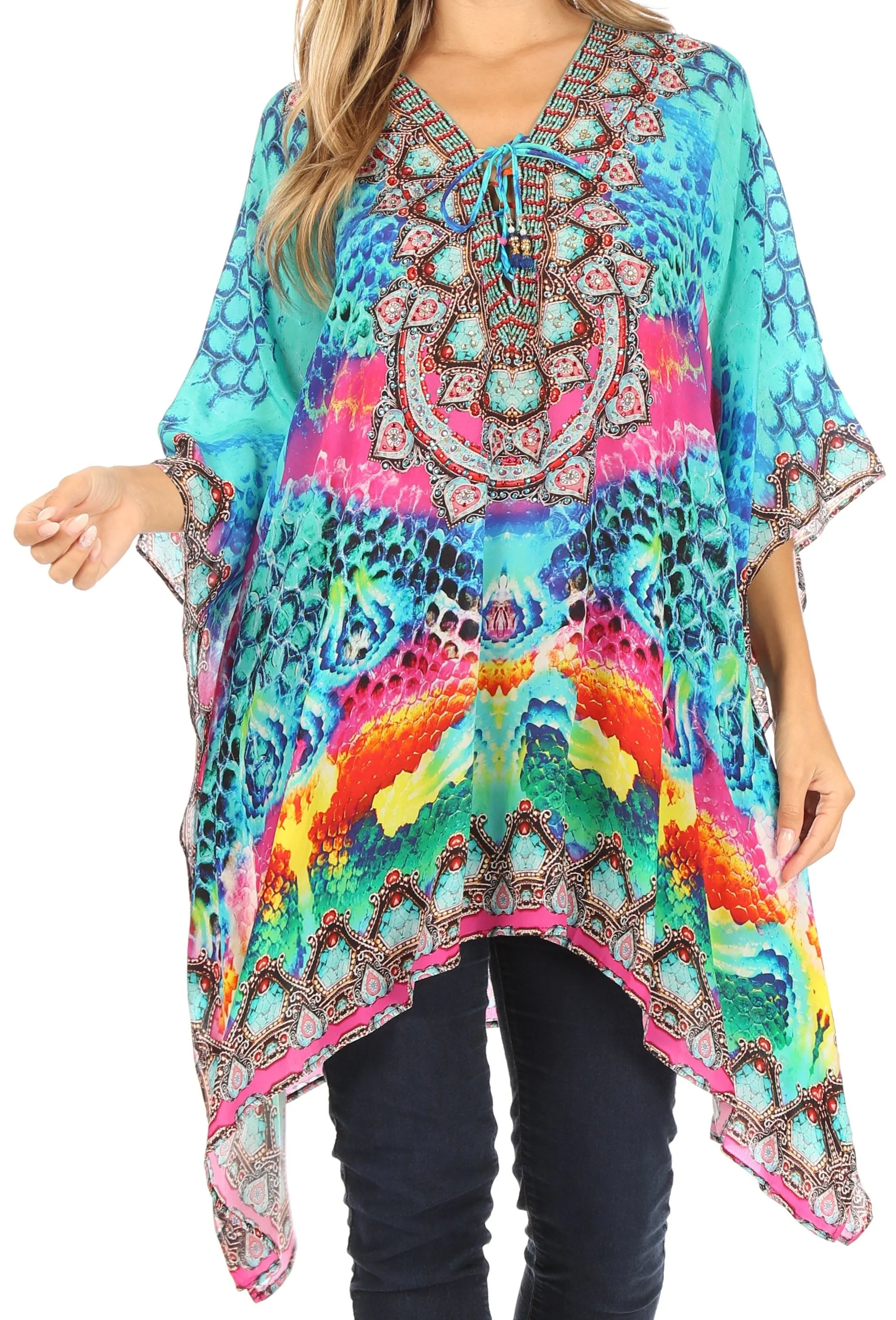 Stylish Rhinestone Lace-Up V-Neck Women's Caftan Poncho Cover-Up by Sakkas Aymee