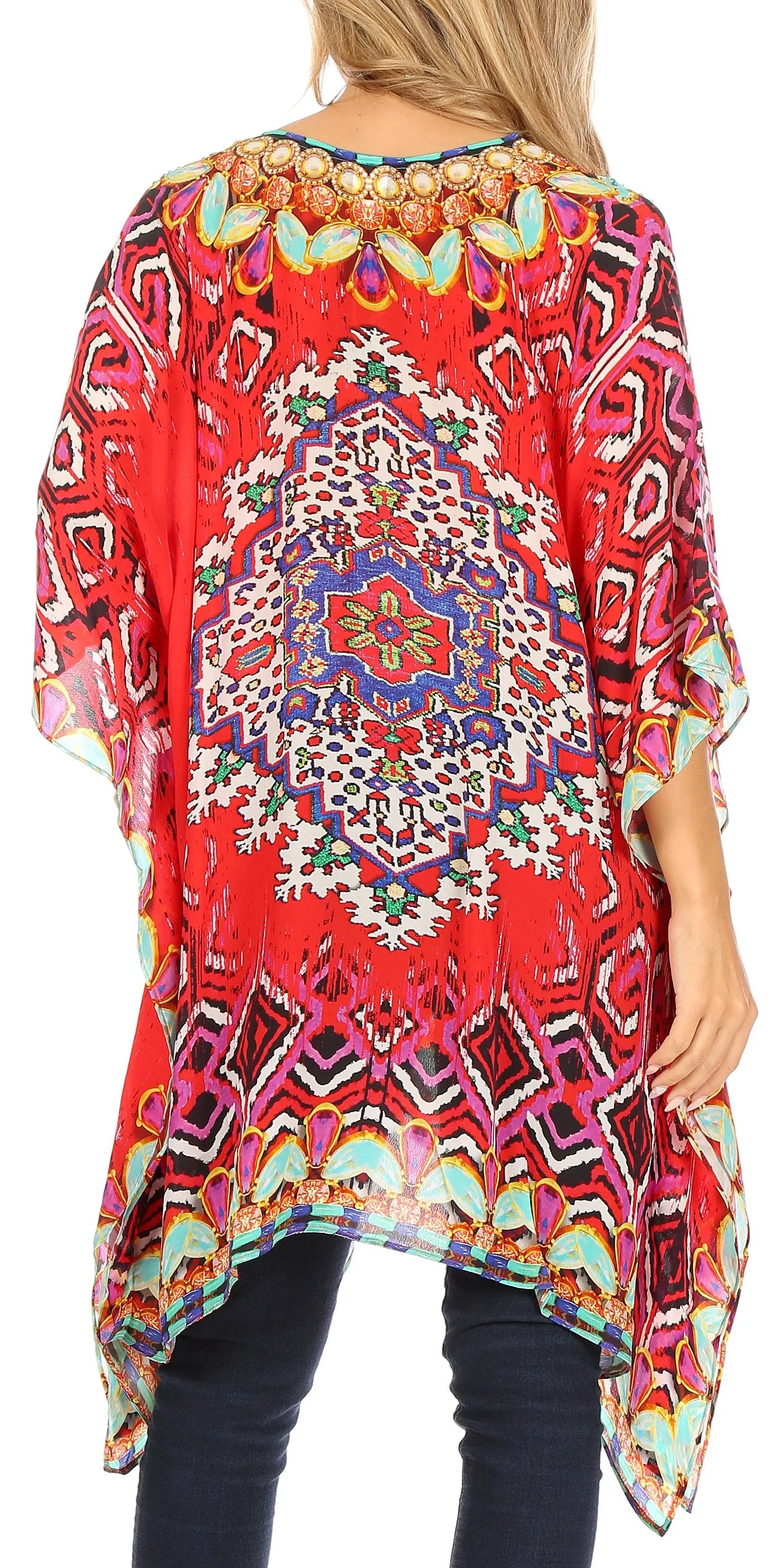 Stylish Rhinestone Lace-Up V-Neck Women's Caftan Poncho Cover-Up by Sakkas Aymee